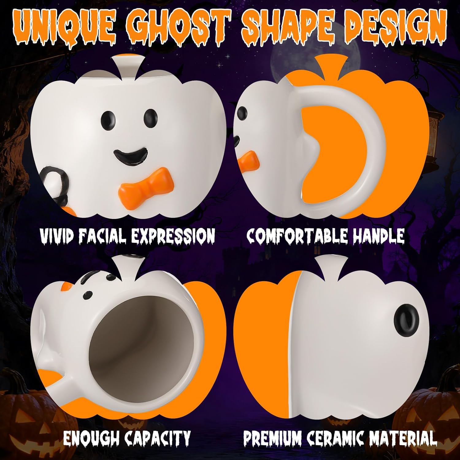 Baderke Set of 4 Halloween Ghost Coffee Mug 14 oz Ceramic Cute Ghost Mugs