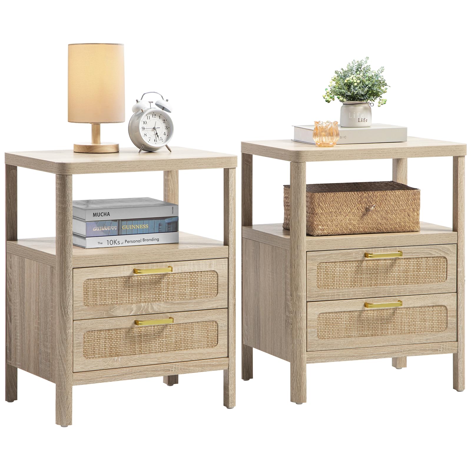 Rattan Nightstands Set of 2 - Boho Night Stand Bedside Table with 2 Rattan Drawers, Open Storage Shelf, Farmhouse Wood Bed Side Table End Table for Bedroom Living Room, Natural