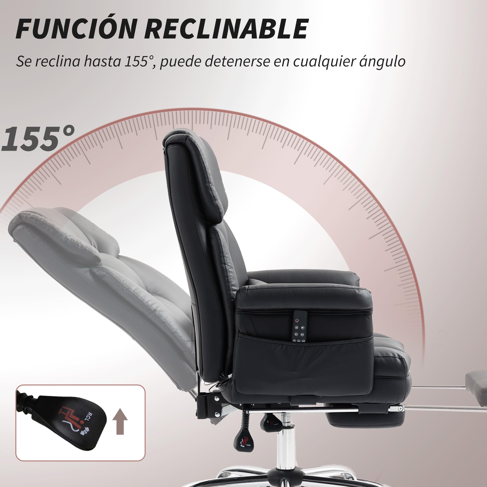 HOMCOM Silla de Oficina de PU 6 Puntos de Masaje Vibratorio Negro | Silla de Escritorio Giratoria Ergonómica, Reposapiés Retráctil, Altura Ajustable, Control Remoto, Soporte Lumbar