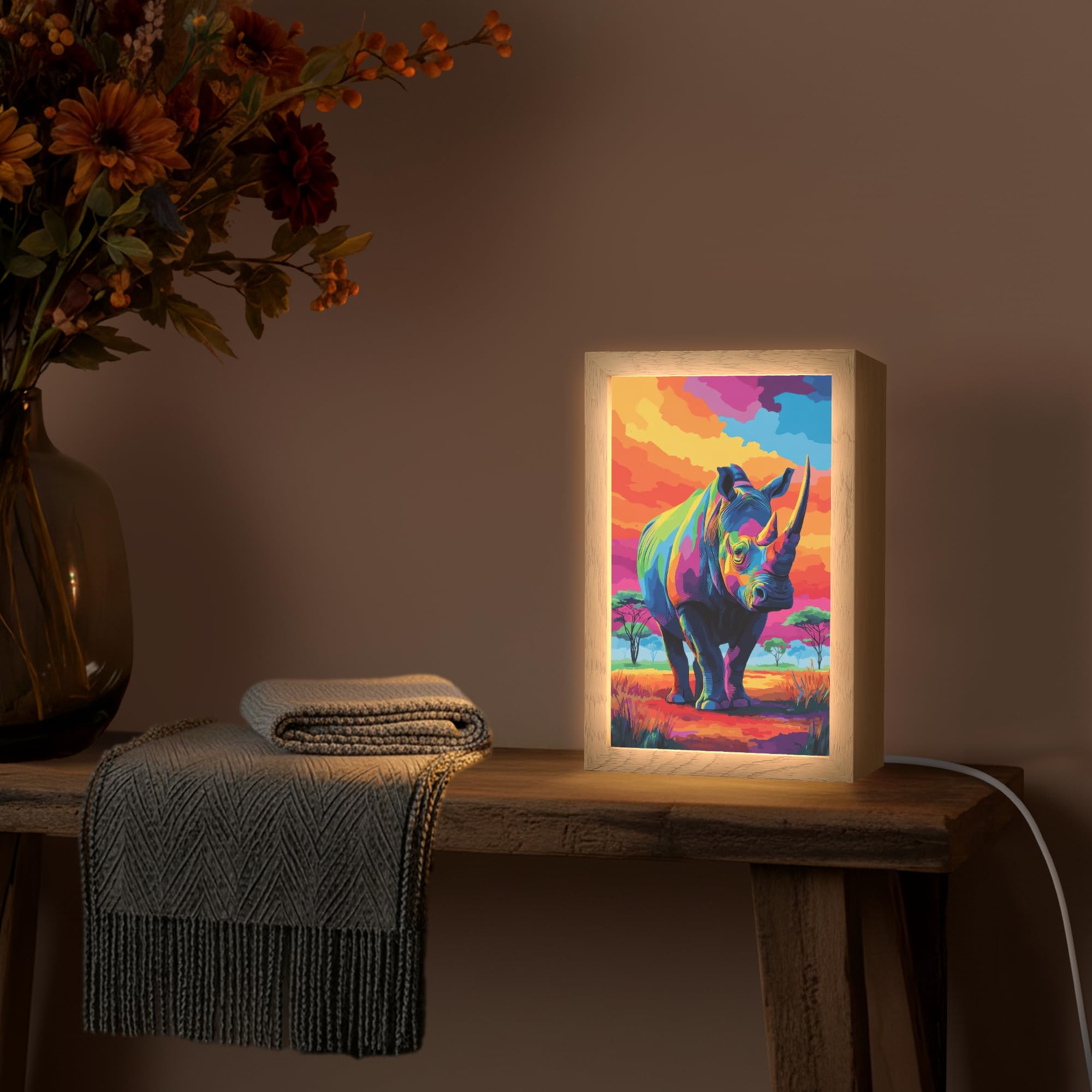 Lampara Led [template] 20x30 cm Luz Mesita De Noche Table Lamp Night Light Lamparas Decoración Lámpara Con cable Rinoceronte - Atardecer - Sabana - Colorido