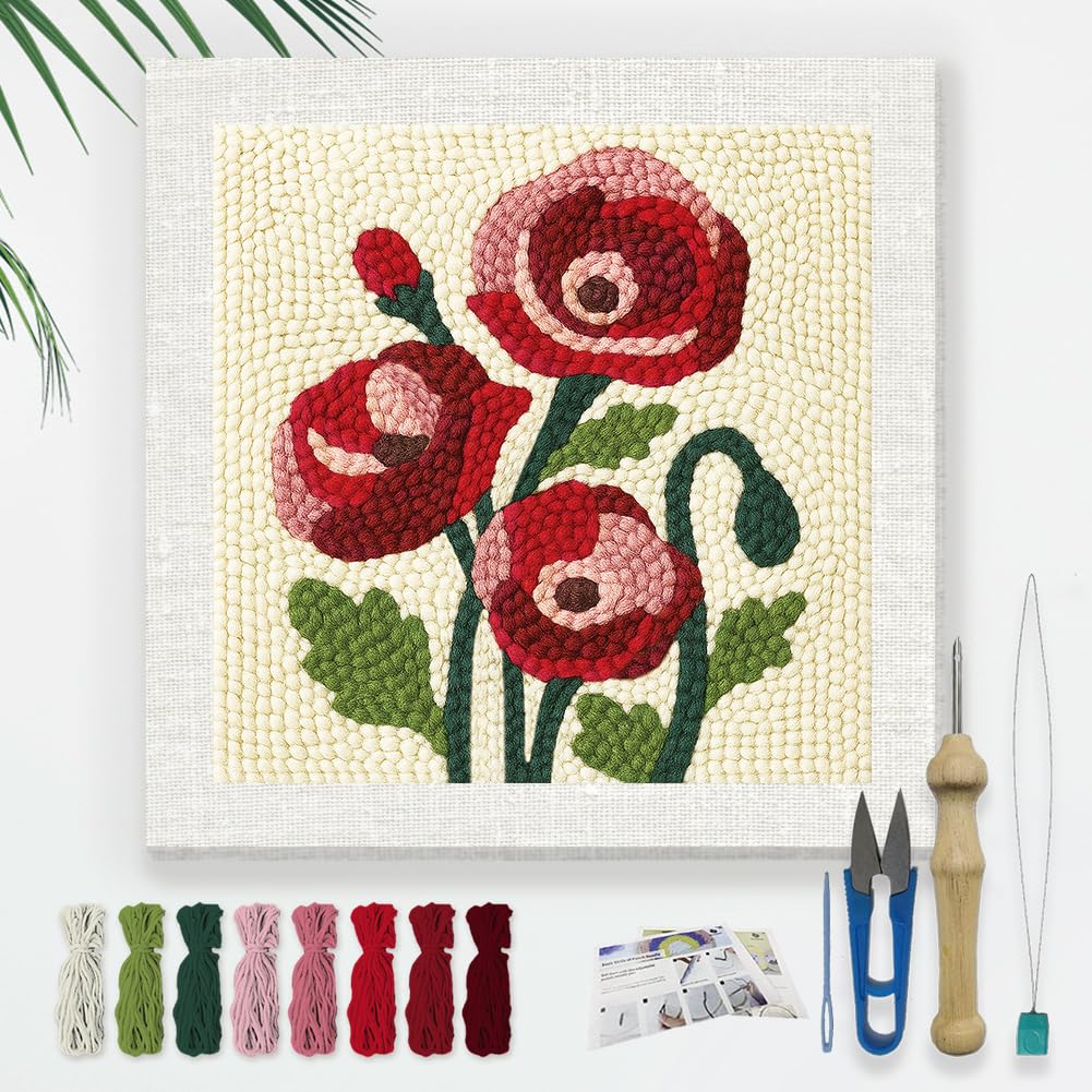 DOODLREAM Papaver Rhoeas Flower DIY Punch Needle Embroidery Kit for Adult Beginner, 24cm Red Floral Punch Stitching Craft Set for Starter with Frame, Fabric Pattern, Threader, Yarn, Punch Needle