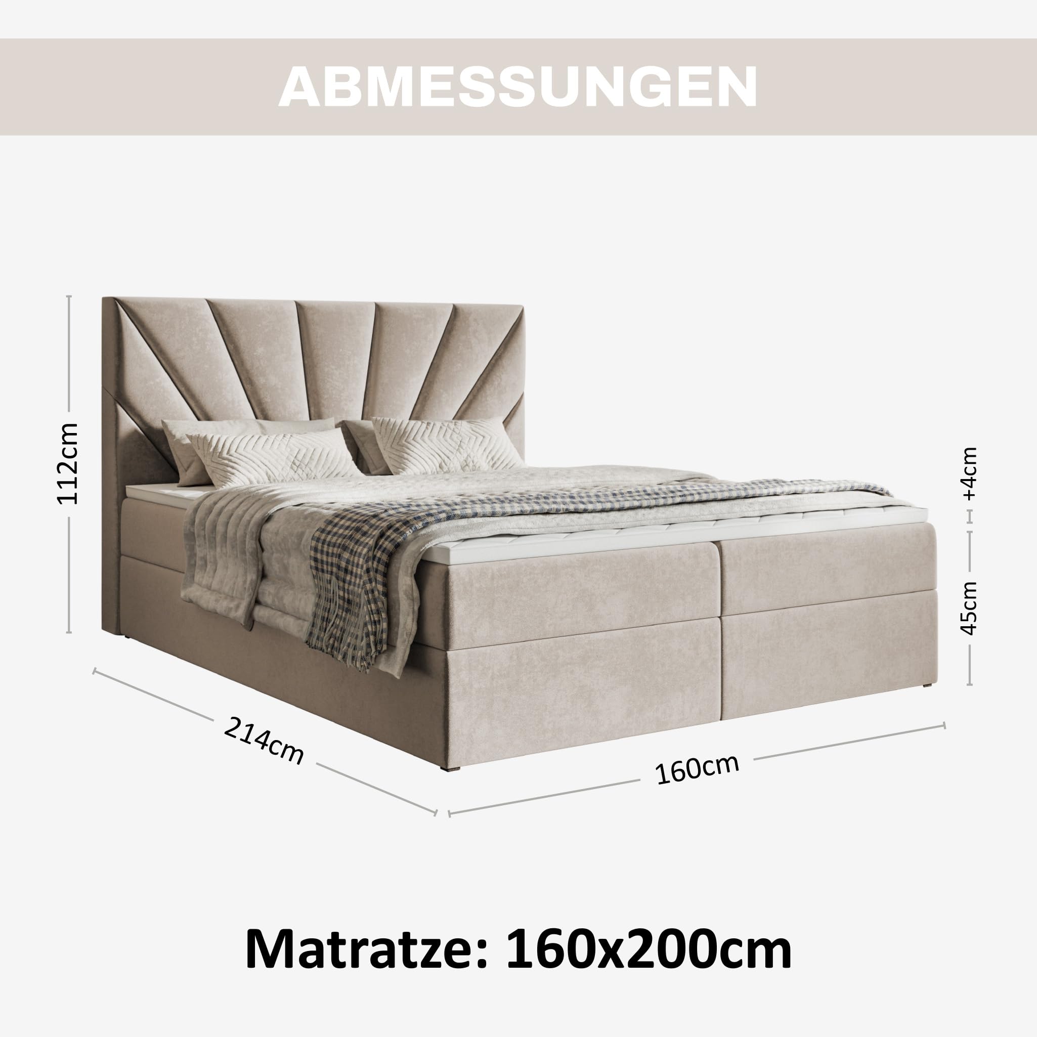 MOTIVENA Aspen Boxspringbett 160x200 mit Bettkasten und Topper, Polsterbett 160x200 mit Bettkasten, Taschenfederkern-Matratze (H3), Visco Memory-Foam Topper (H2), Samt, Beige (Creme)