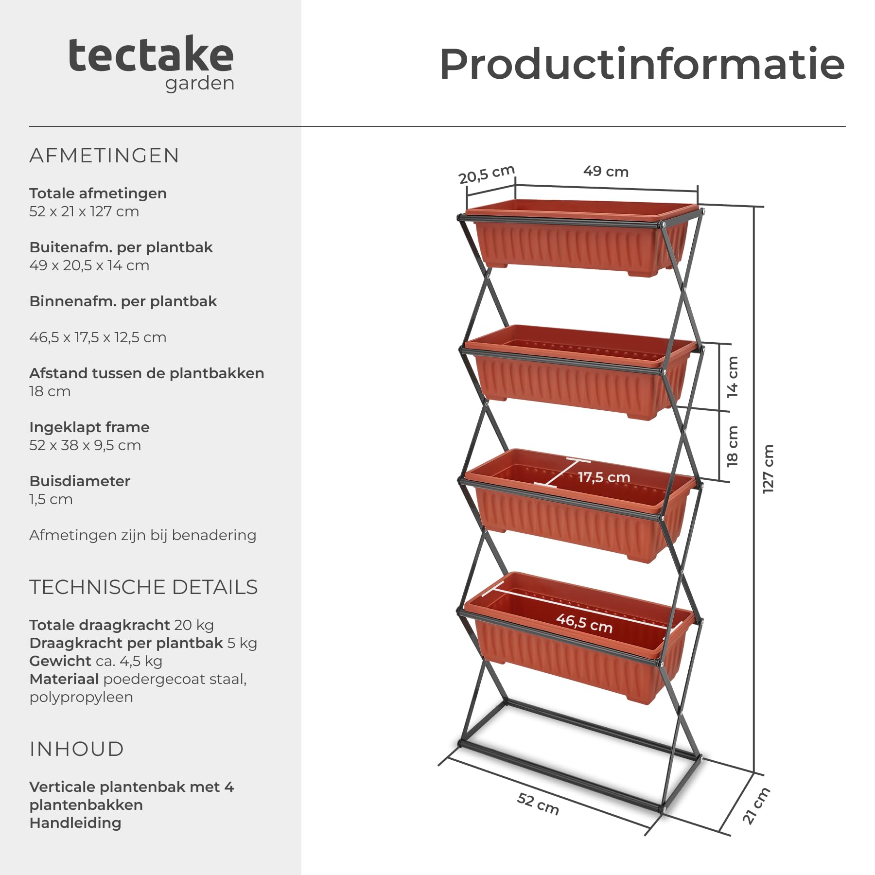 tectake Verticaal plantenrek met 4 bakken 52x21x127cm - bruin - 403445