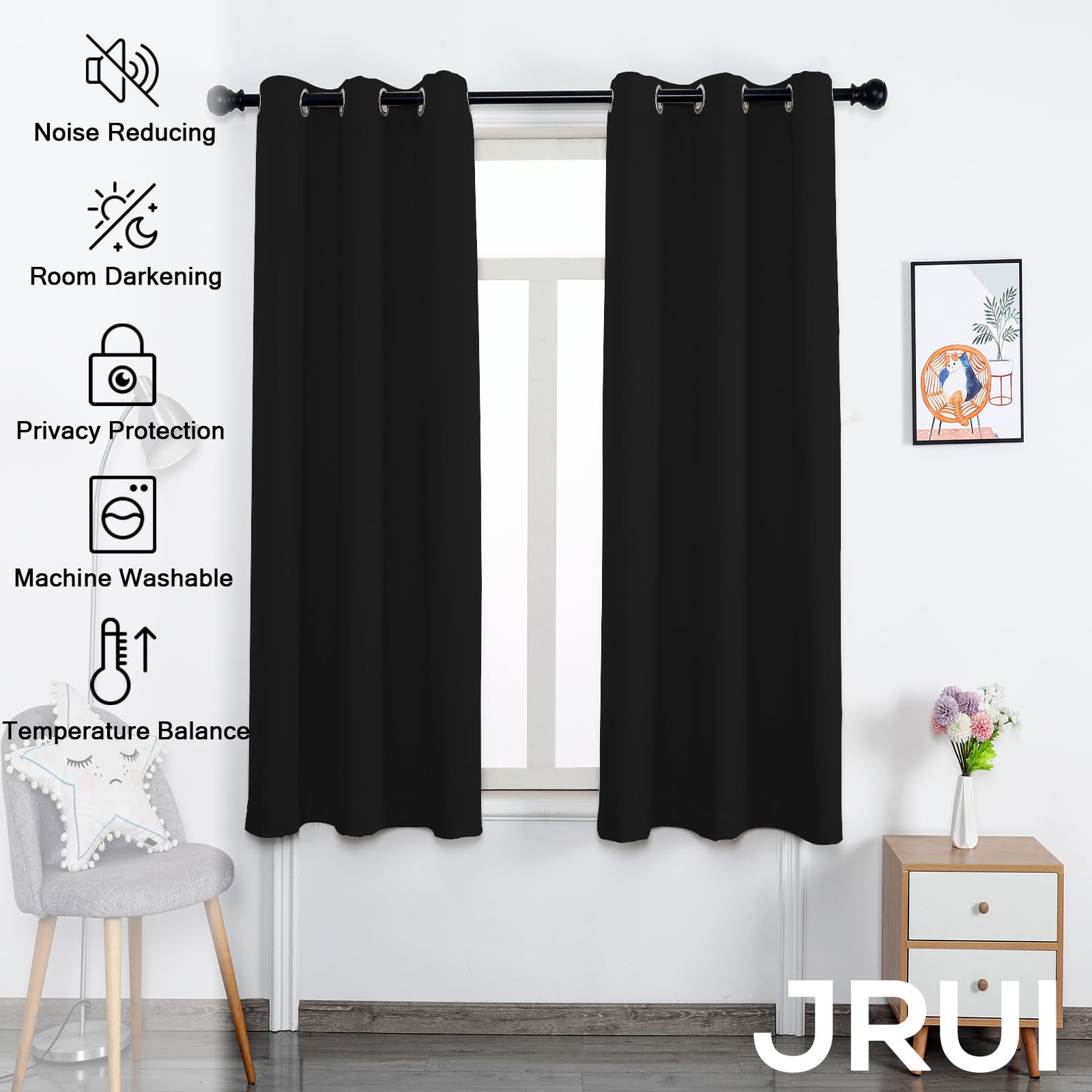 Rideau Occultant à Œillets - Thermique, Opaque, Anti-Bruit pour Chambre, Salon, Balcon, Dressing - 200 x 180cm (L x H) Noir