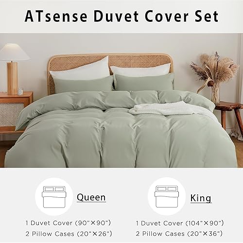Miniatura 7 de ATsense Funda de edredón tamaño Queen, 100% microfibra lavada súper suave, 3 piezas, color verde salvia, juego de ropa de cama con cierre de