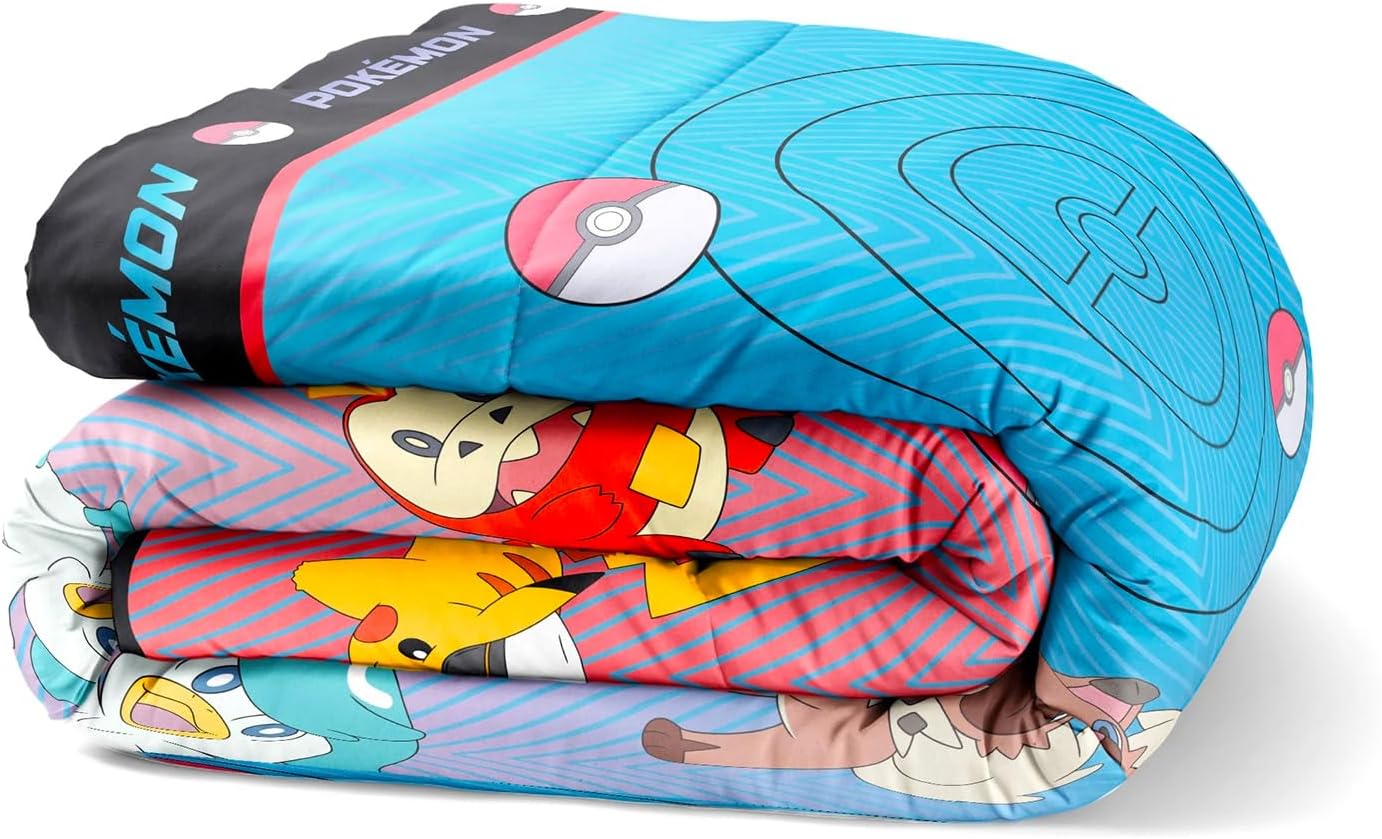 Pokemon Bedspread Twin Set for Kids - Bundle with Reversible Cartoon Quilted Bedspread for Twin/Full Bed Plus Pillowcase, Stickers, More | Pokemon Twin Bedding Set for Boys, Girls