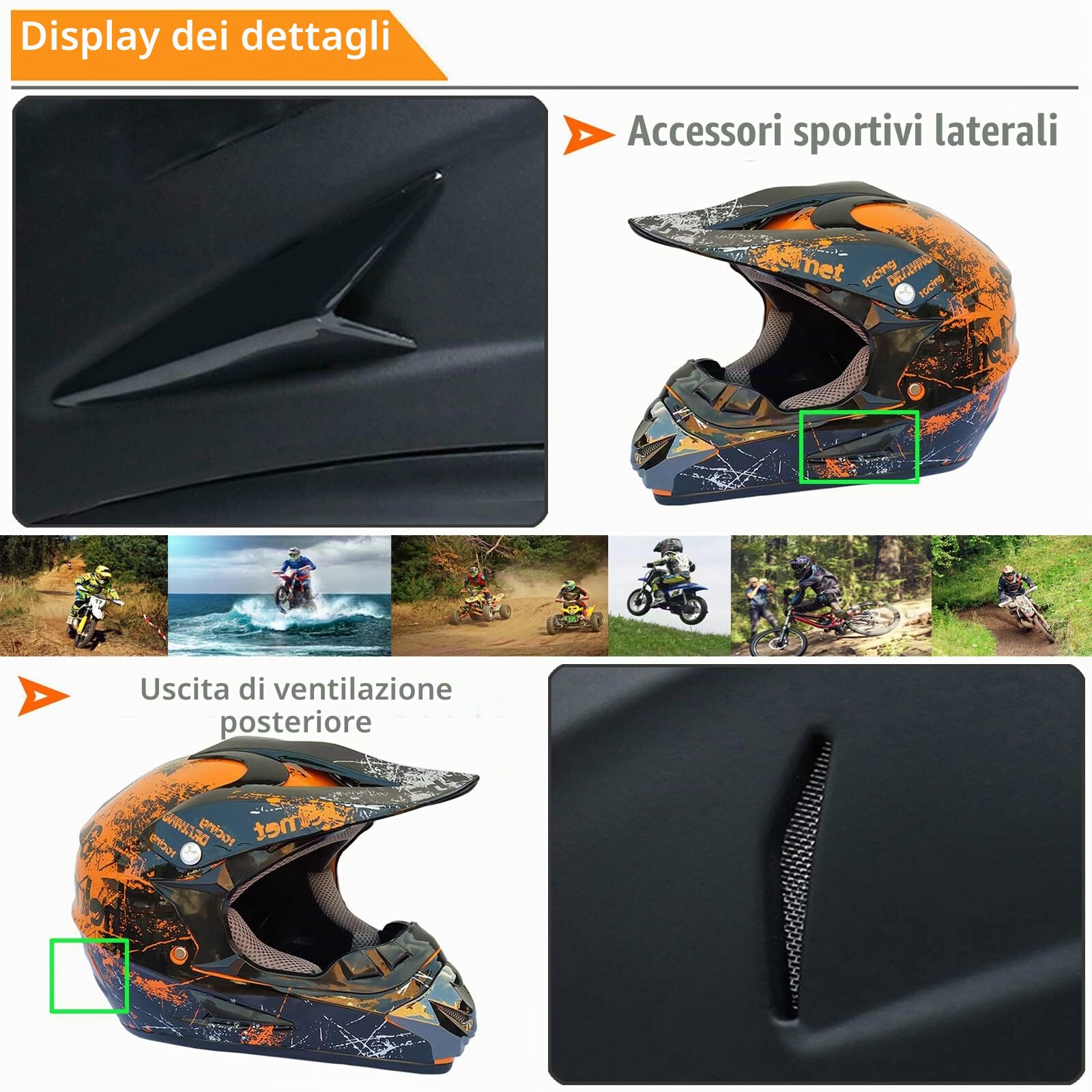 Casco da Motocross Integrale per Adulti e Bambini - Con Occhiali, Guanti, Face Mask, Rete - Per ATV MX Quad Bike Go-Kart - Calotta in ABS - Orange-L