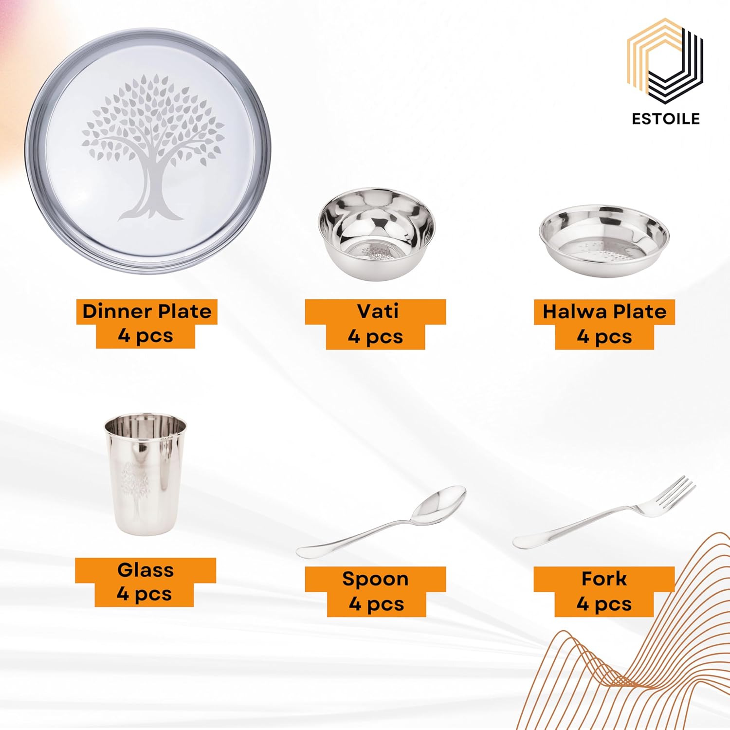 71beEd1U YL SL1500 ESTOILE 24-Pcs Tree Design Stainless Steel Dinner Set for 4 | Includes 4 Plates, 4 Bowls, 4 Halwa Plates, 4 Glasses, 4 Spoons & 4 Forks | Durable Steel Kitchen Utensils Set for Home & Wedding Gift - MSDeals