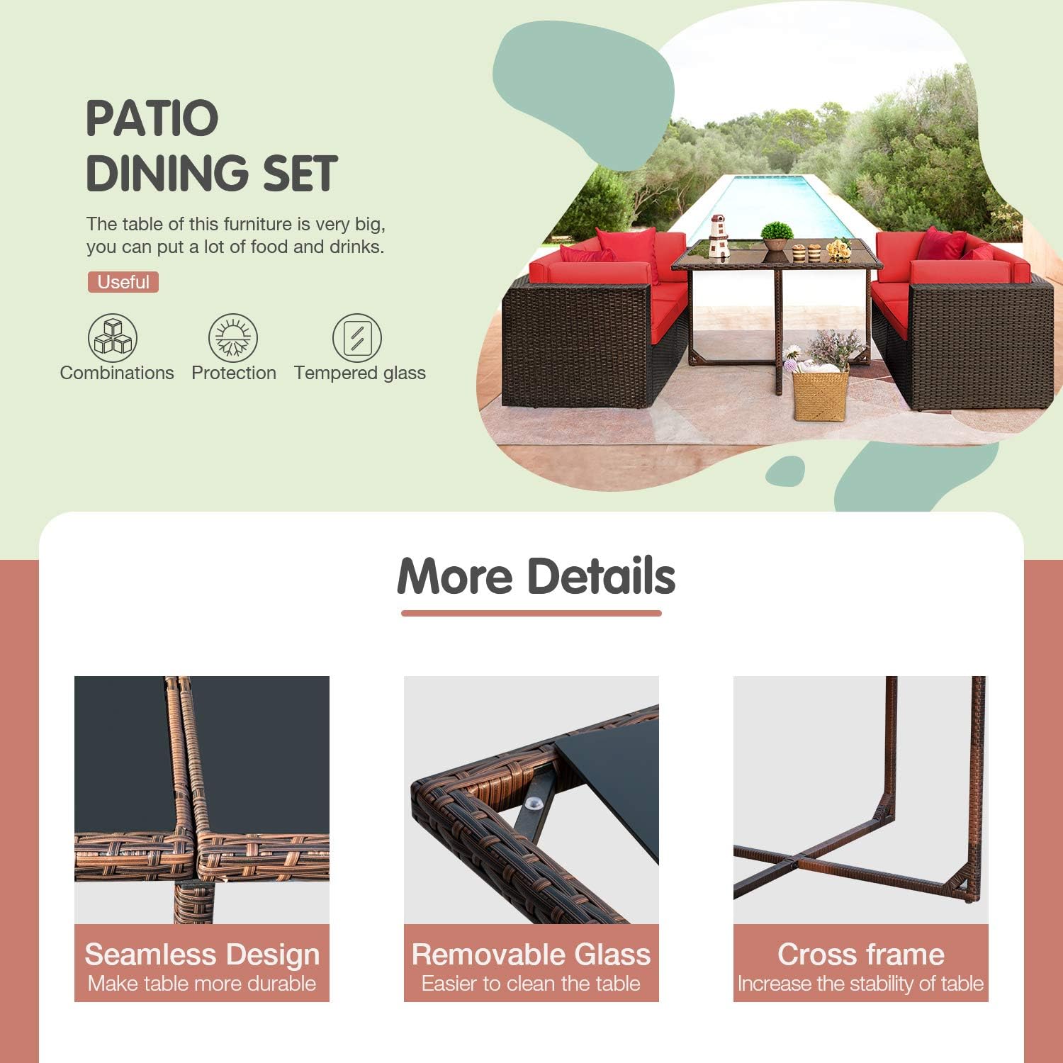 JUMMICO 5 Piece Patio Dining Sets Wicker Rattan Patio Furniture Set Outdoor Sectional Sofa with Tempered Glass Table Patio Conversation Sets for Garden, Courtyard, Poolside (Red)