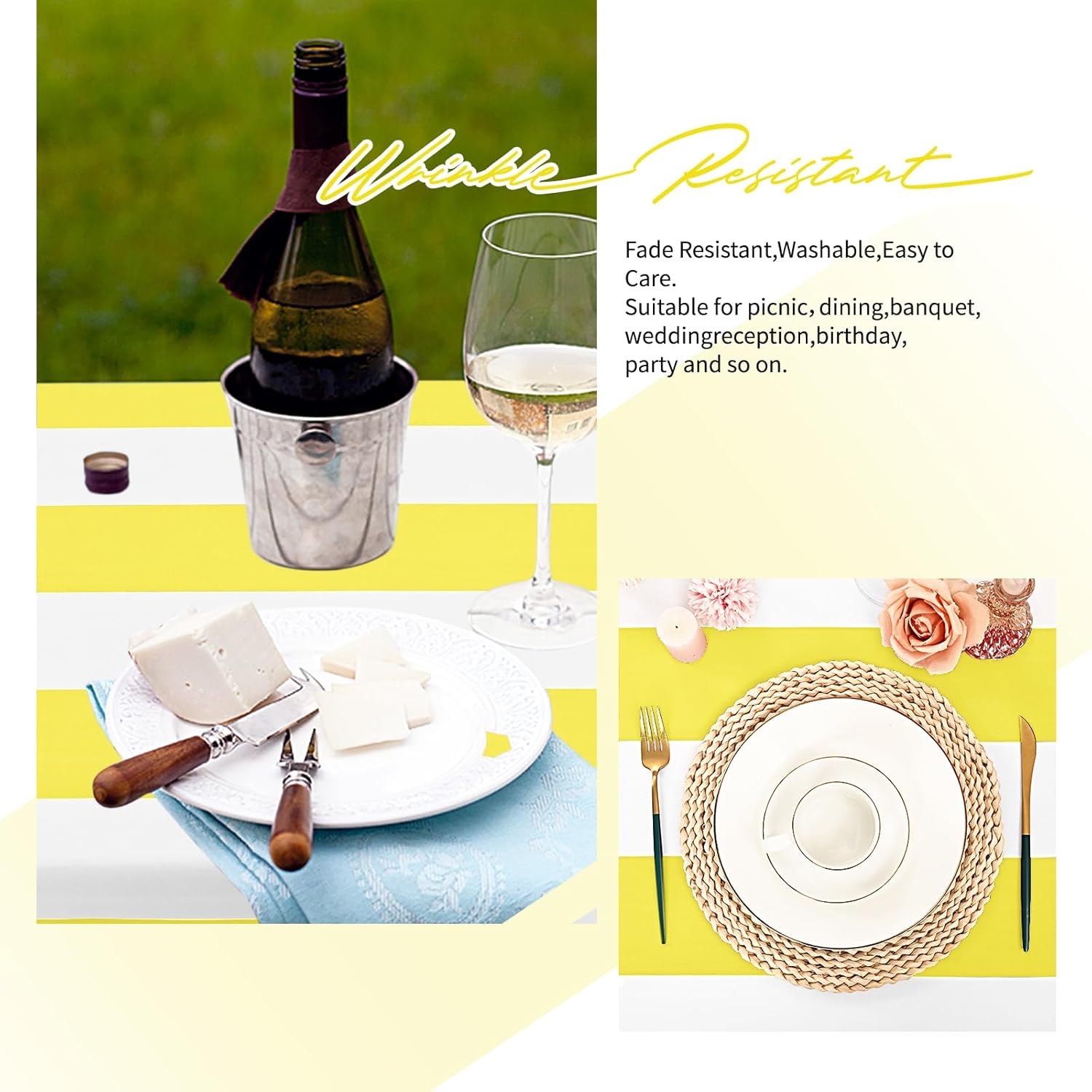 6 Pack Yellow and White Striped Tablecloth Rectangle 54x108inch Polyester Fabric Washable Table Cloth for Afternoon Tea Table Birthday Party Picnic Barbecue Gathering Indoor Outdoor Dining Decor