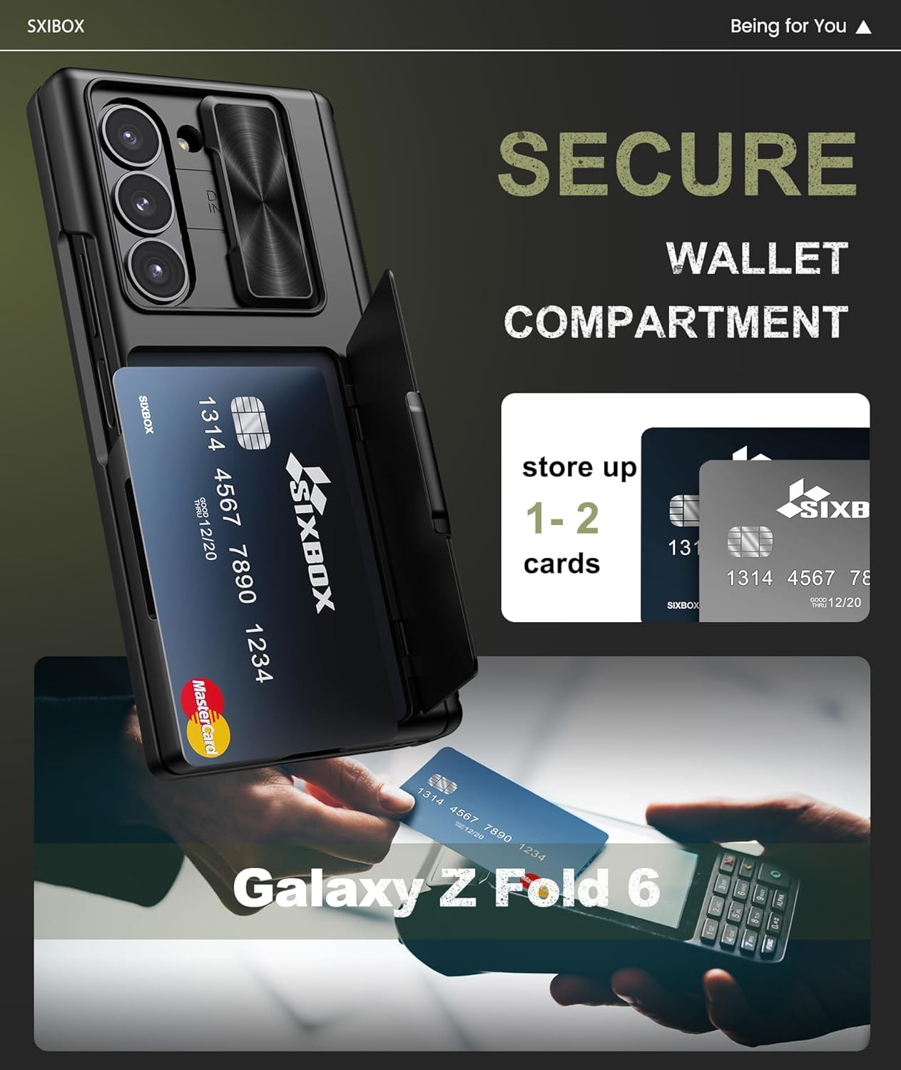 for Galaxy Z Fold 6 Case with Card Holder & Kickstand & Hinge Protection & Sliding Lens Cover, Built-in Screen Protector, Rugged Wallet Phone Cover Case for Samsung Z Fold 6 5G 2024, Black