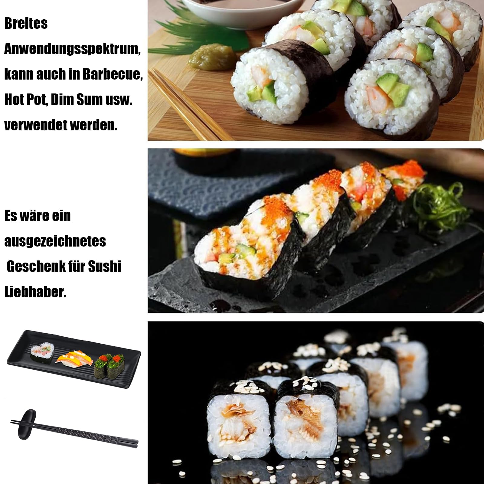 Set Sushi Per 2 Persone Nero - Piatti, Bacchette E Portabacchette In Melamina, Lavabile In Lavastoviglie - Foto 14