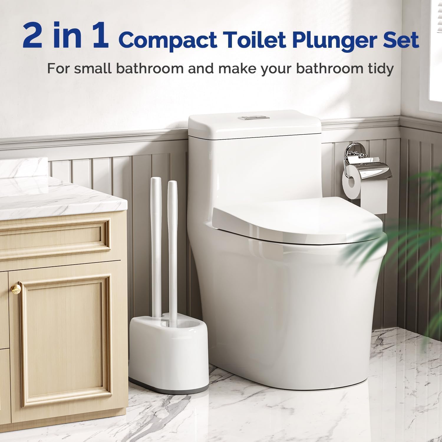 Toilet Plunger and Brush Set with Extended Handle, Heavy-Duty Bathroom Cleaning Combo, White, 2-Piece Set with Storage Bracket for Small Spaces