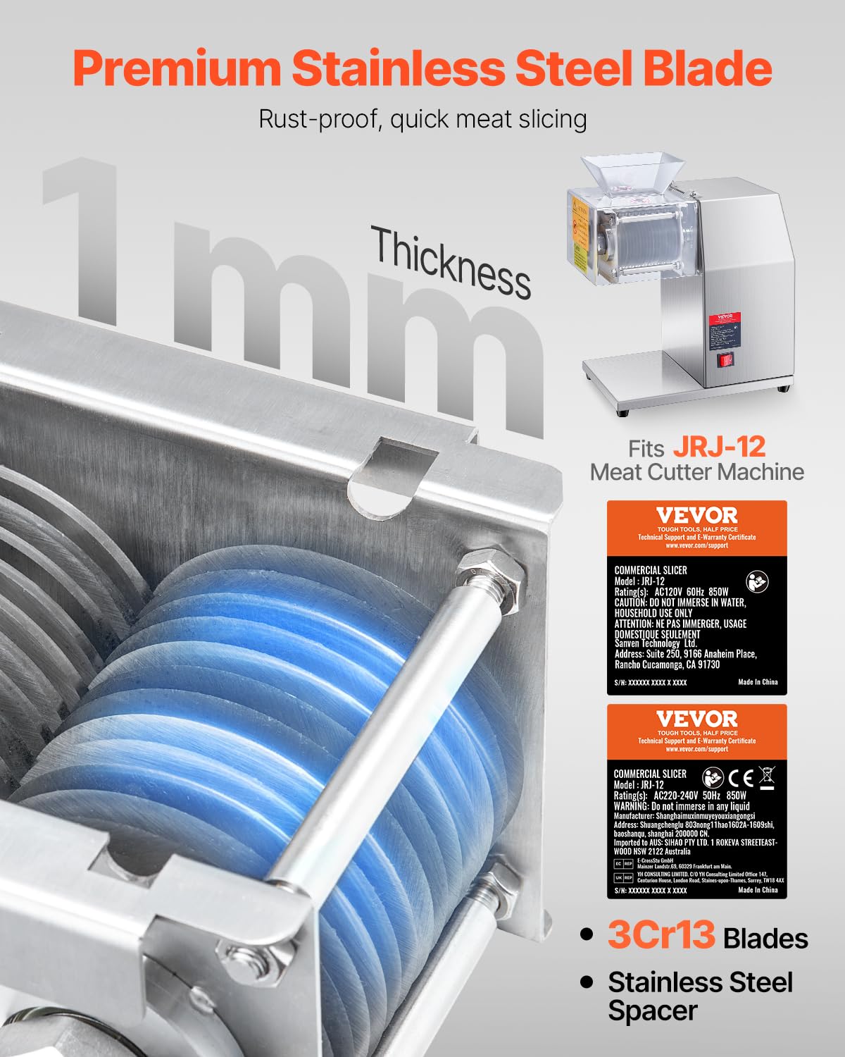 VEVOR Lame de coupe-viande commerciale, 7 mm, ensemble de lames pour machine à couper la viande SJY-DQ90, acier inoxydable, ensemble de lames de trancheuse à viande, pour viande désossée, légumes mous
