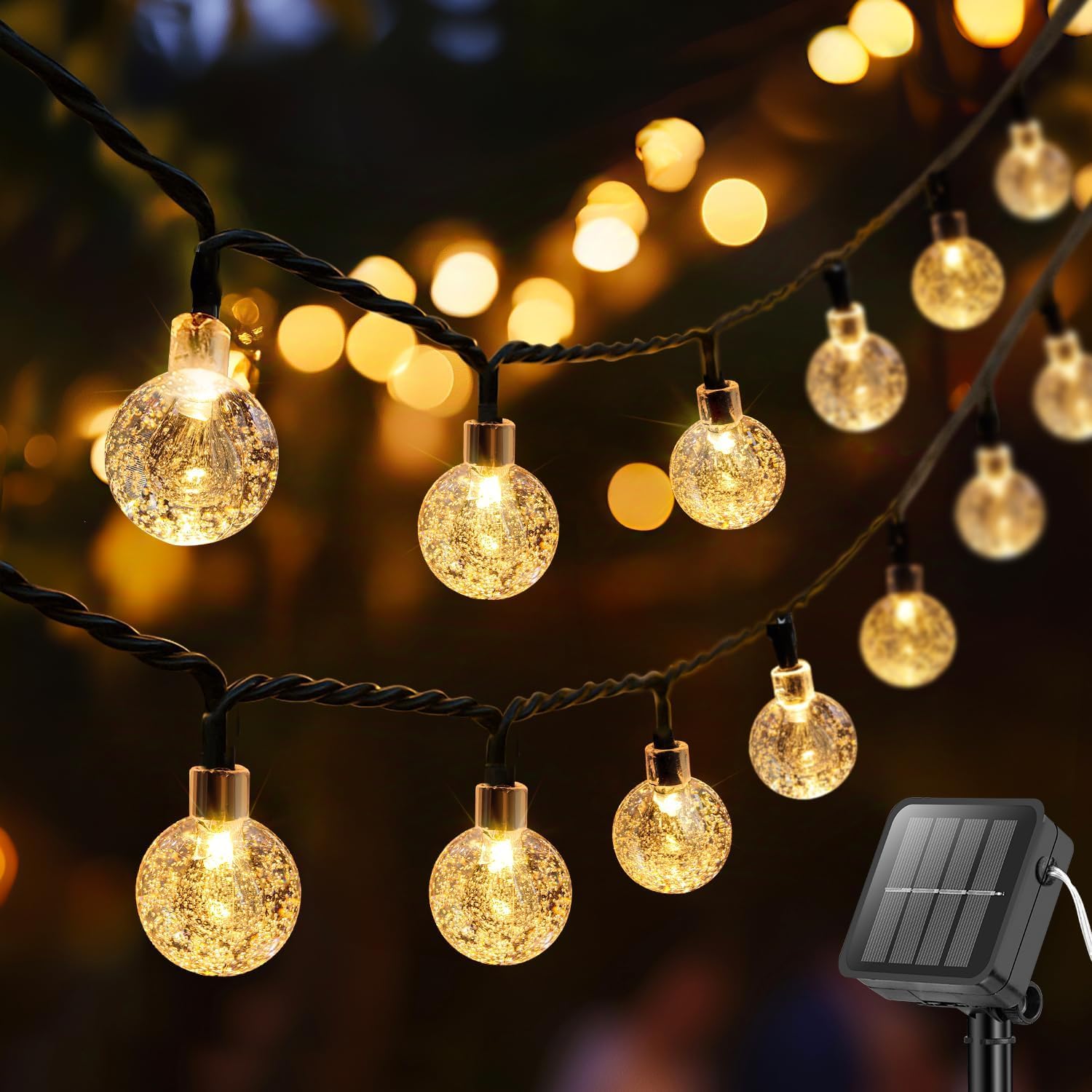 Qeelin Solar String Lights Outdoor, 12M/38FT 100 LED Crystal Globe Solar Christmas String Lights, IP65 Waterproof, 8 Lighting Modes Patio Hanging Lights for Garden, Camping (Globe 12M100LED)