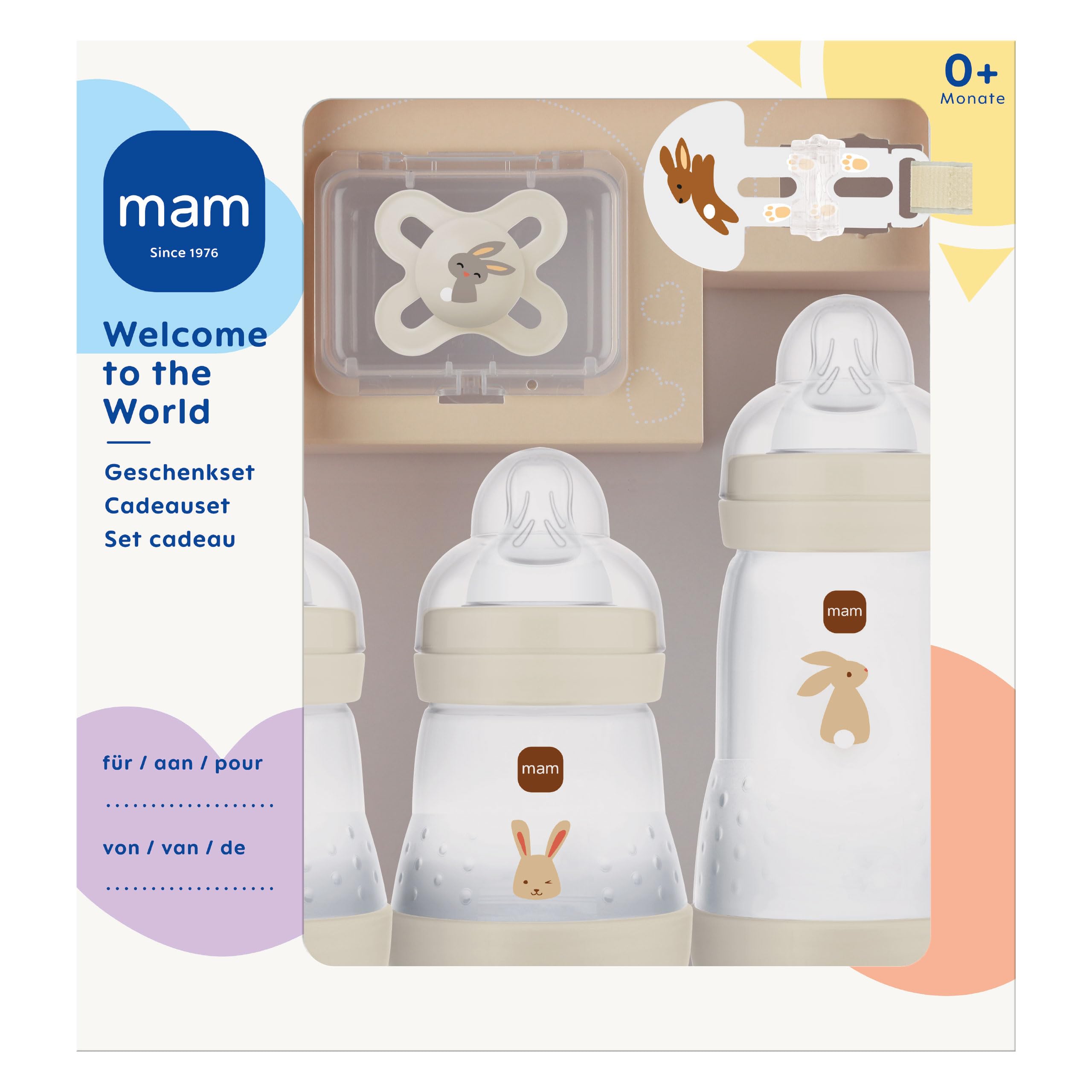 MAM Easy Start Anti-Colic Welcome Set | 0+ Mon | Baby Erstausstattung mit 3 Anti-Colic Babyflaschen Schnuller und Schnullerband | hochwertiges Baby Geschenk Set | beige