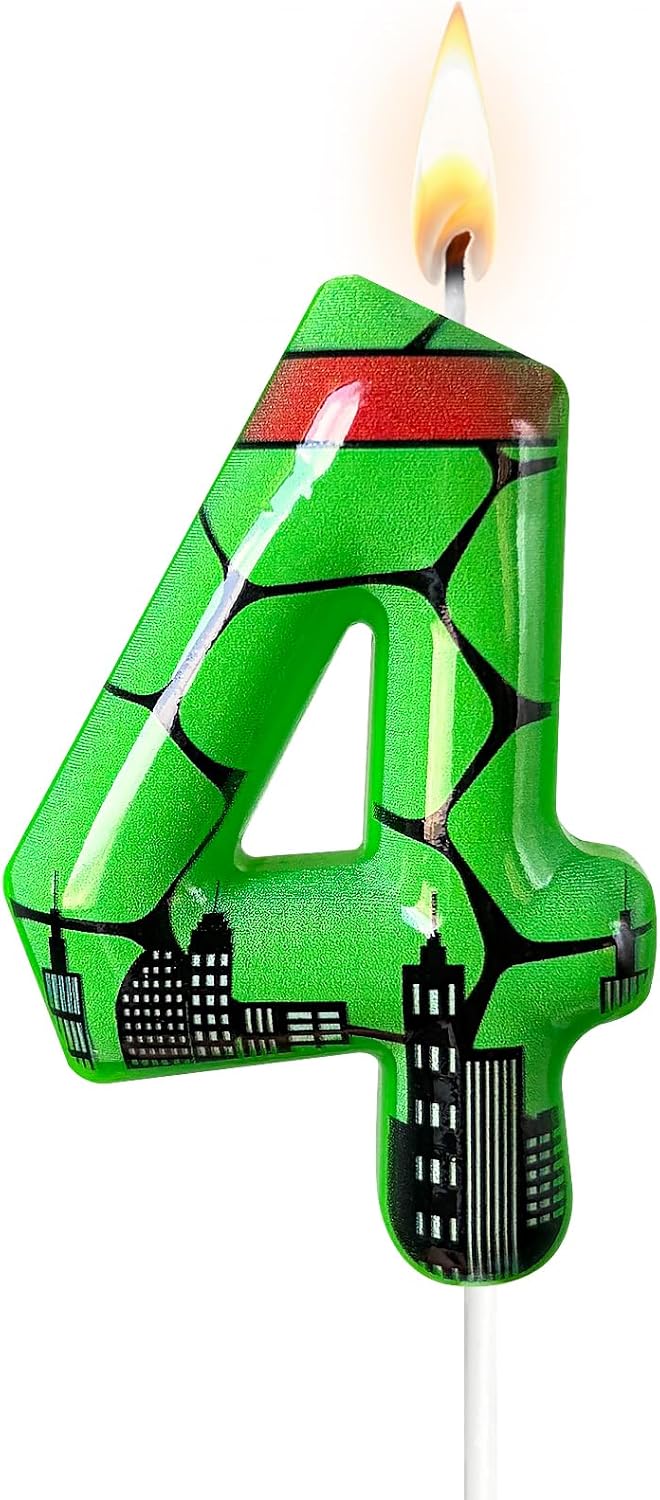 Ninja Green Hero Themed Number 4 Birthday Candle - Fractured Surface Cake Topper for Superhero Party Supplies, Action Themed Birthday Decorations(Green RZ, 4)