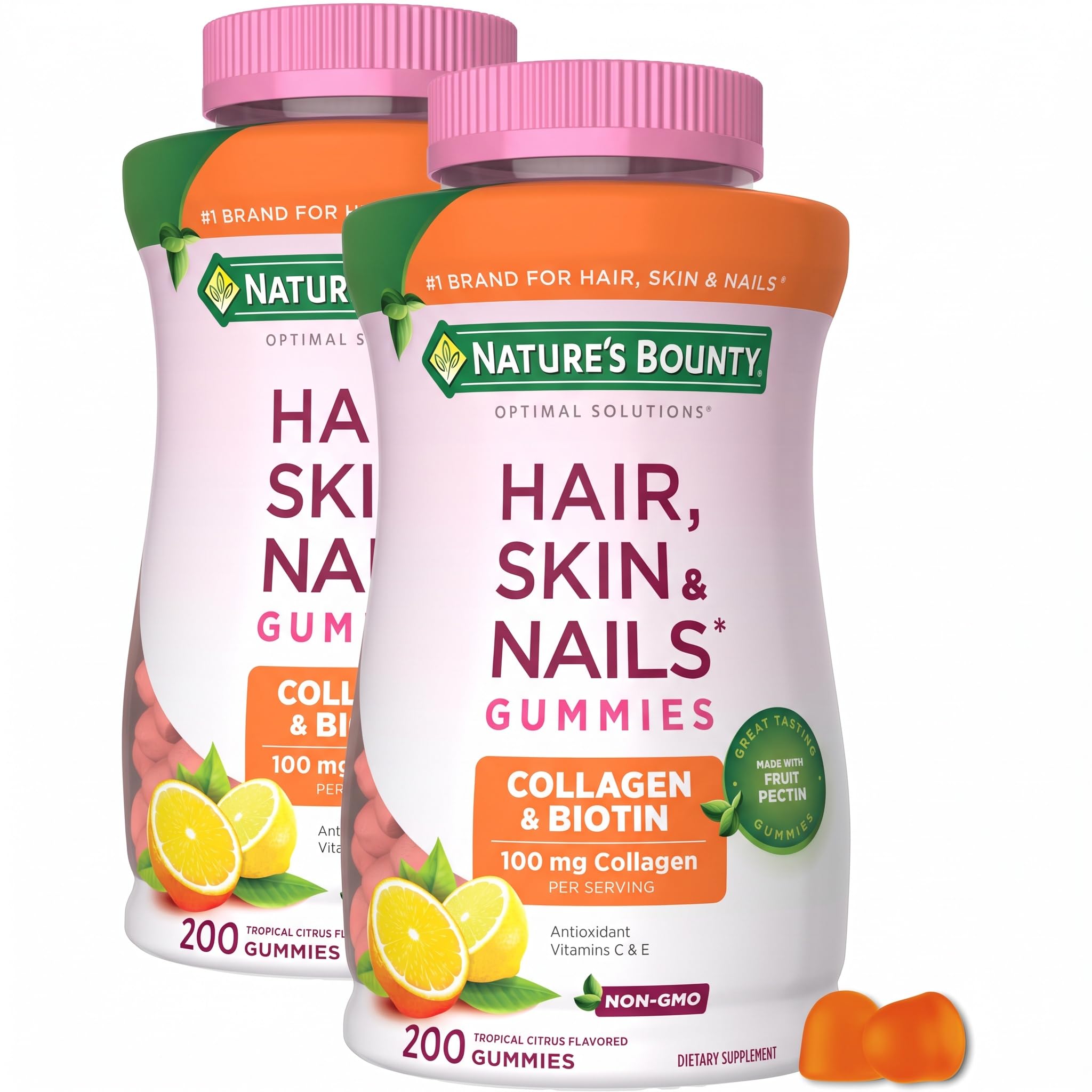 Nature's Bounty Optimal Solutions Hair, Skin and Nails Collagen Pectin Gummies, 100 mg Collagen and 2,500 mcg Biotin Per Serving, No Stick Gummy, Tropical Citru