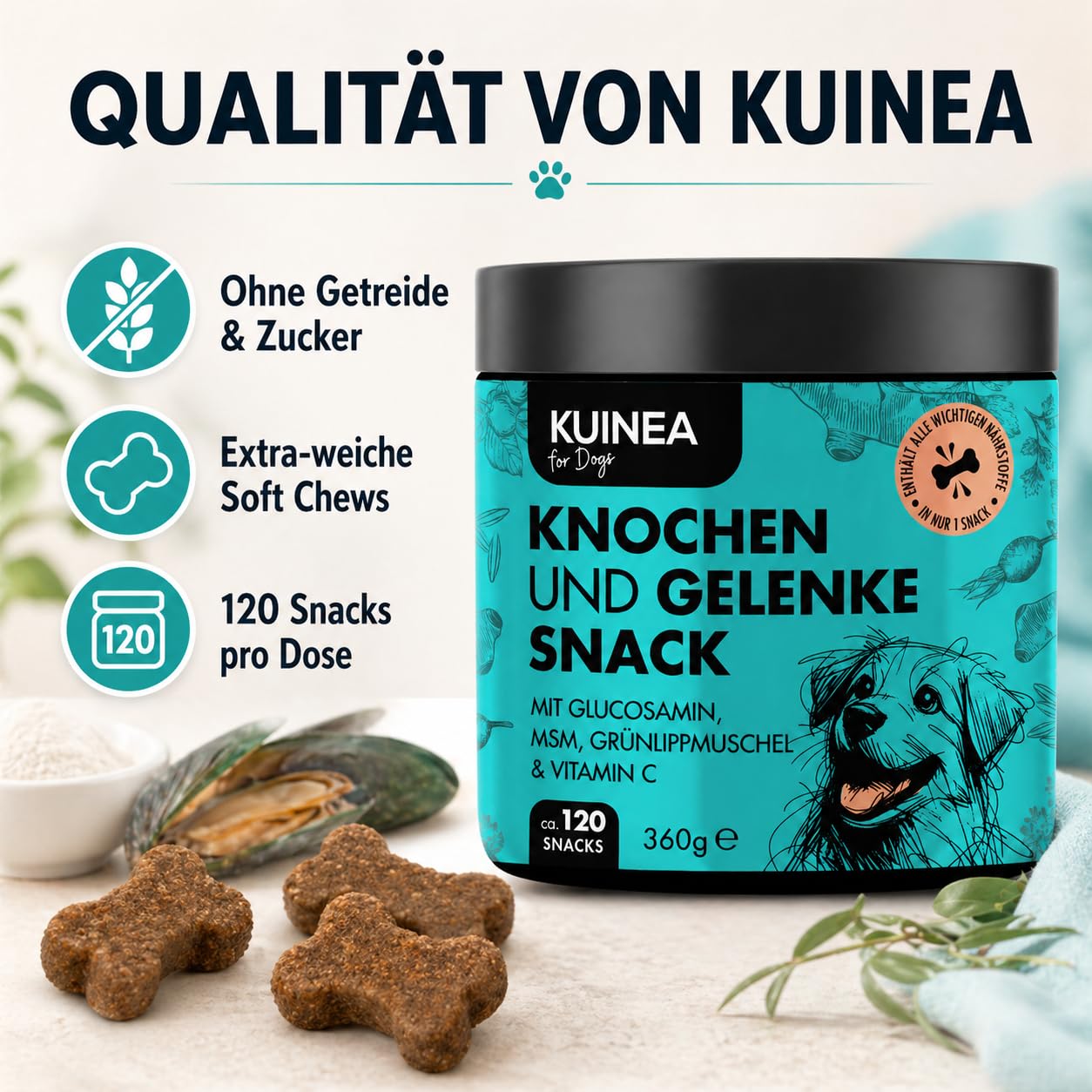 KUINEA® Hochkonzentrierte Gelenktabletten für Hunde als Leckerli – 120 Soft Chews (360g) – Grünlippmuschel Hund, Glucosamin, MSM & Vitamin C – Knochen & Gelenke – Getreide- & zuckerfrei, laborgeprüft