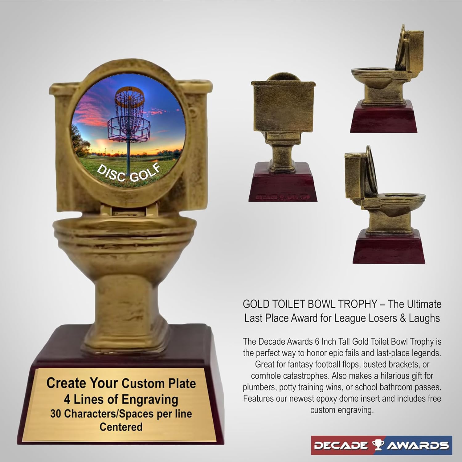 Gold Toilet Bowl Trophy - 6 Inch Tall | Engraved Toilet Award with Optional Themed Inserts - Customize Now