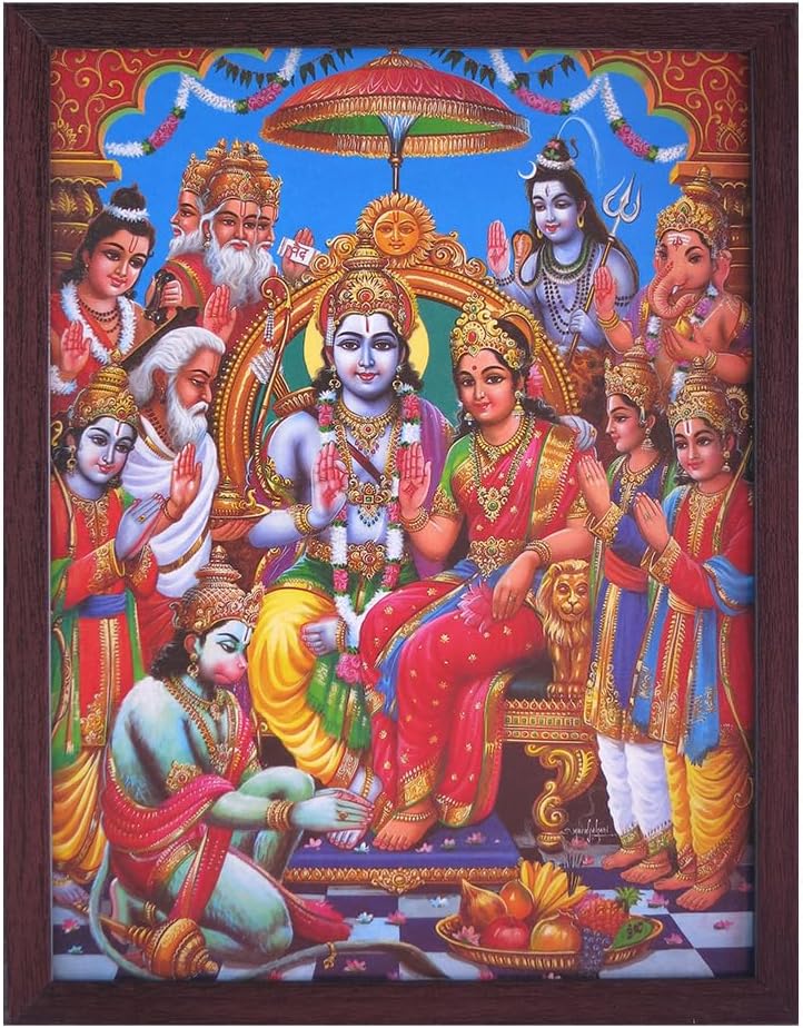 SANVIKA Hanuman Showing His Humbleness in Ram Darbar and Mata Sita Giving Blessings. A Holy Religious Poster Painting with Frame for Hindu Worship Purpose (COL9)