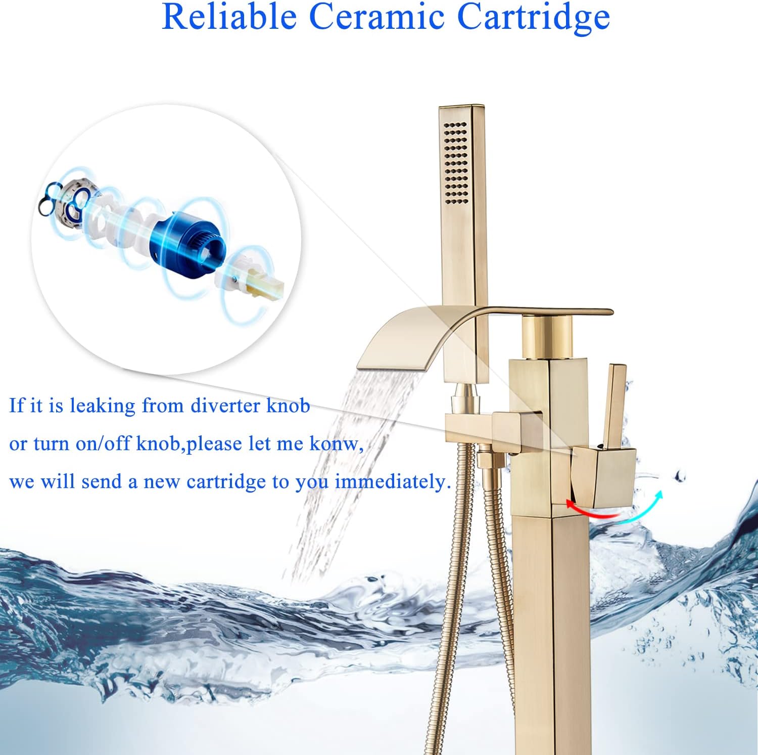 Bеѕt Dеаl Prоduсt Senlesen Bathroom Tub Filler Faucet Floor Mounted Bathtub Shower Faucet Waterfall Spout Free Standing Tub Mixer Tap with Handheld Sprayer Gold Polished