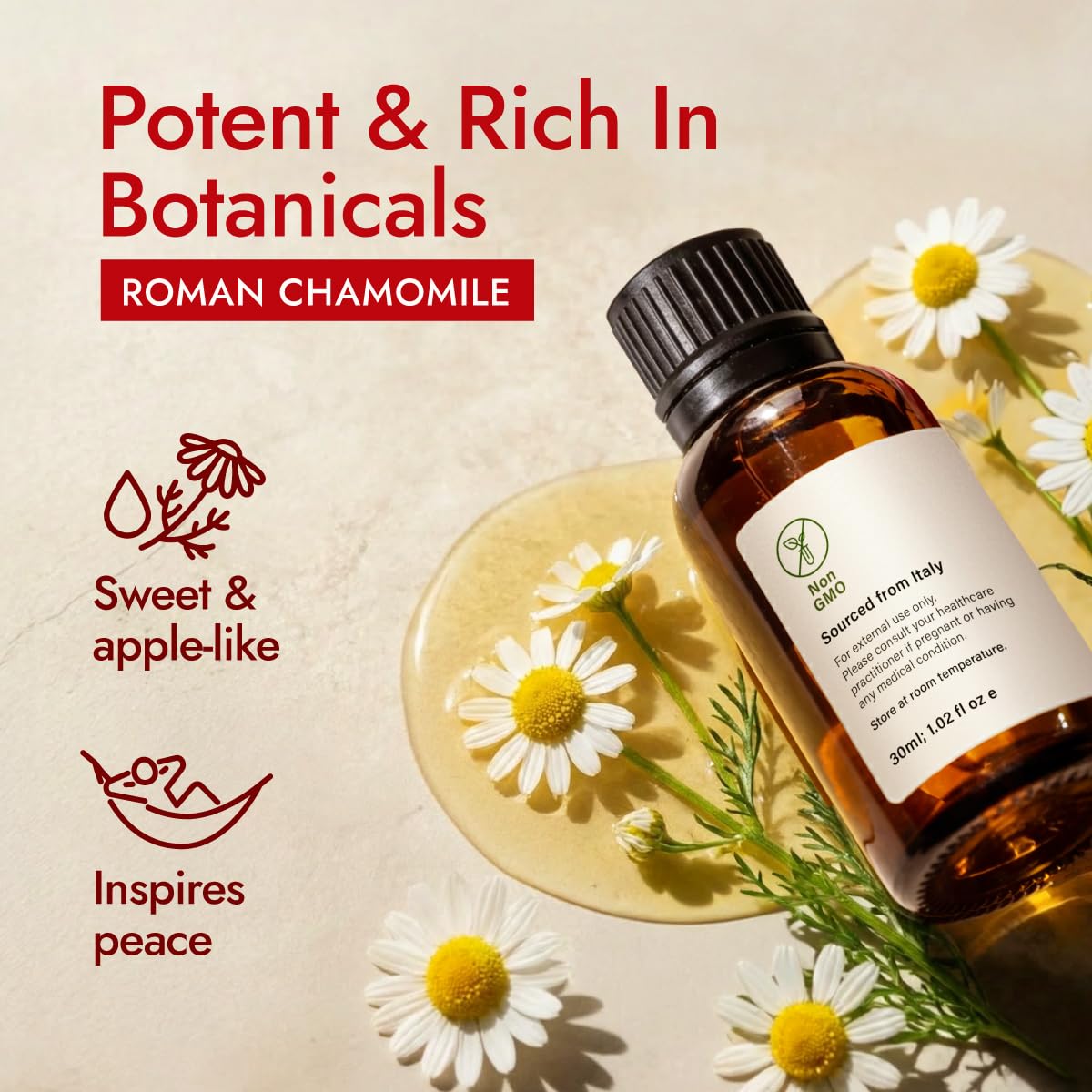 H’ana Roman Chamomile Essential Oil (1 Fl Oz) for Relaxation & Skin - 100% Pure and Natural Roman Chamomile Oil for Aromatherapy, Diffuser, Skin Care, Hair, Soap Making - Soothing Floral Aroma