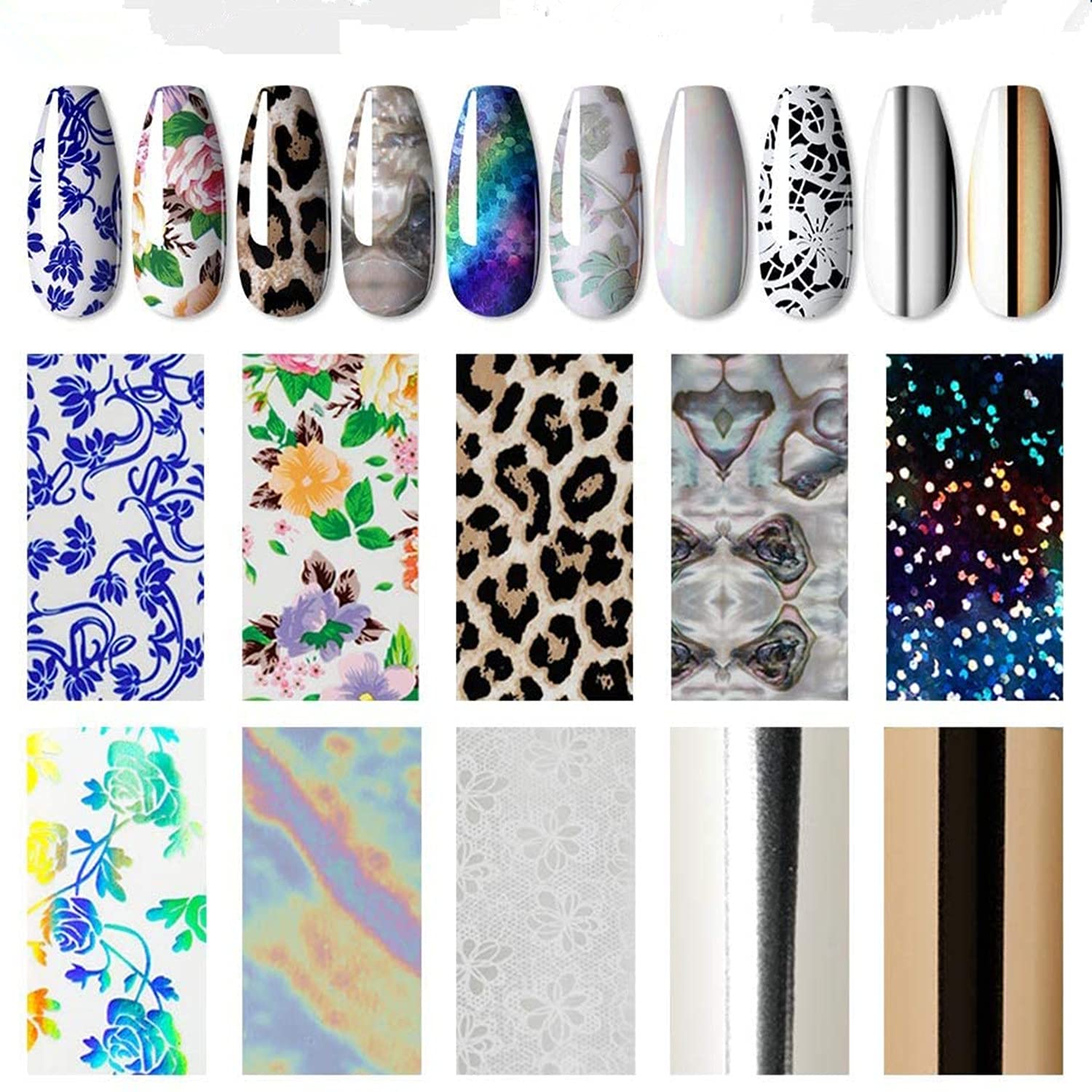 Warm Girl Nail Art Foil Glue Gel with Starry Sky Star Foil Stickers Set Nail Transfer Tips Nail Prints Manicure Art DIY 8ML, 20PCS Stickers, Natural Flower Nail Foil Stickers Curing Lamp Required