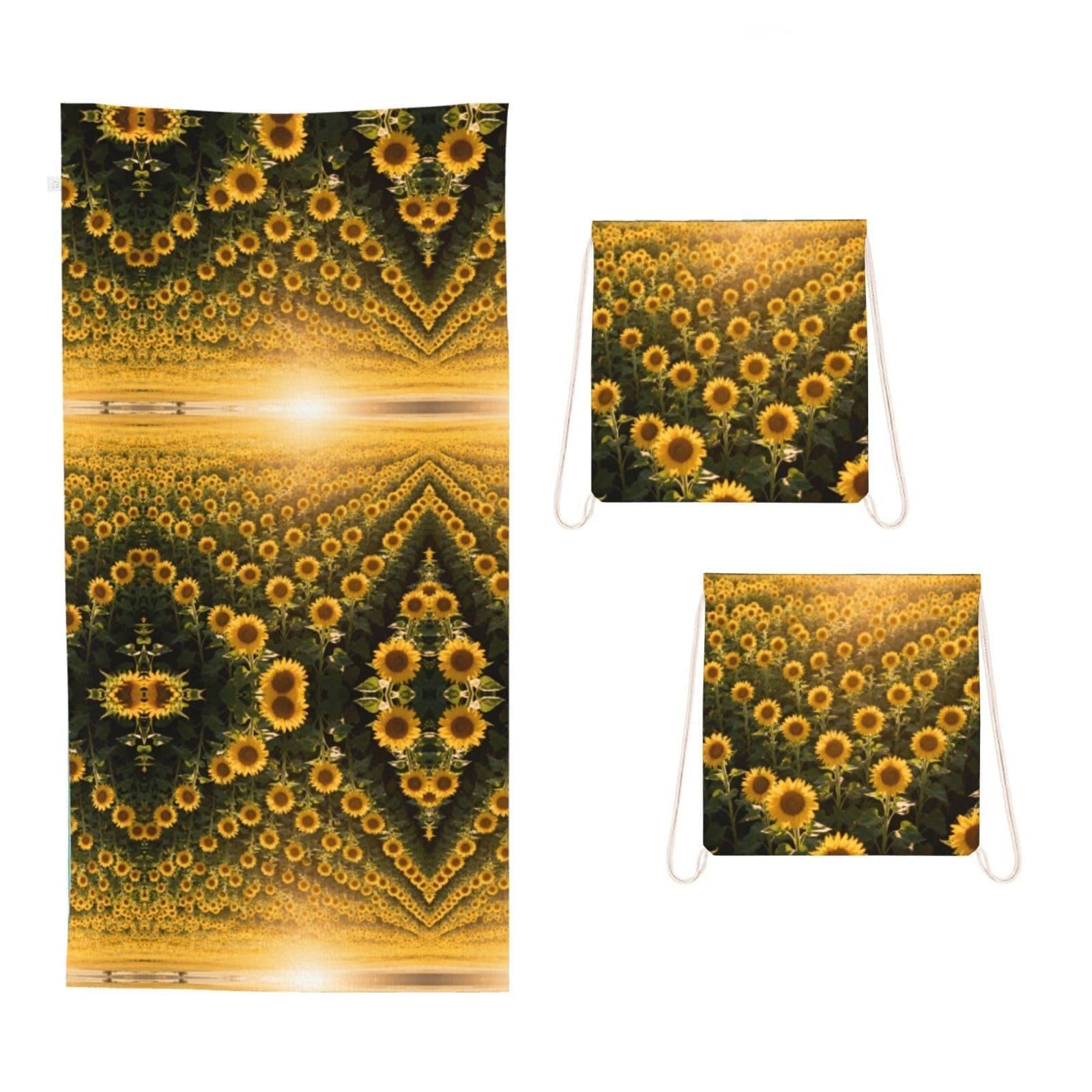 Sunflower Field Bloom 2 in 1 Packable Towel Bag-Large Beach Towel with Stuff Sack, Super Absorbent Microfiber Travel Towel for Pool