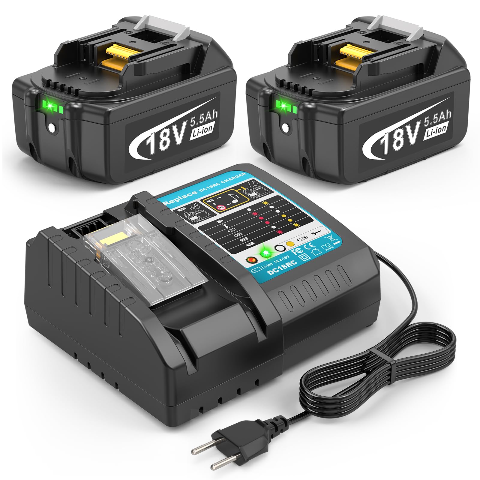 ASUNCELL 2 baterías de 5,5 Ah y Cargador para Makita LXT, Compatible con Todas Las baterías Makita de 14,4 V-18 V BL1815 BL1830 BL1850 BL1430