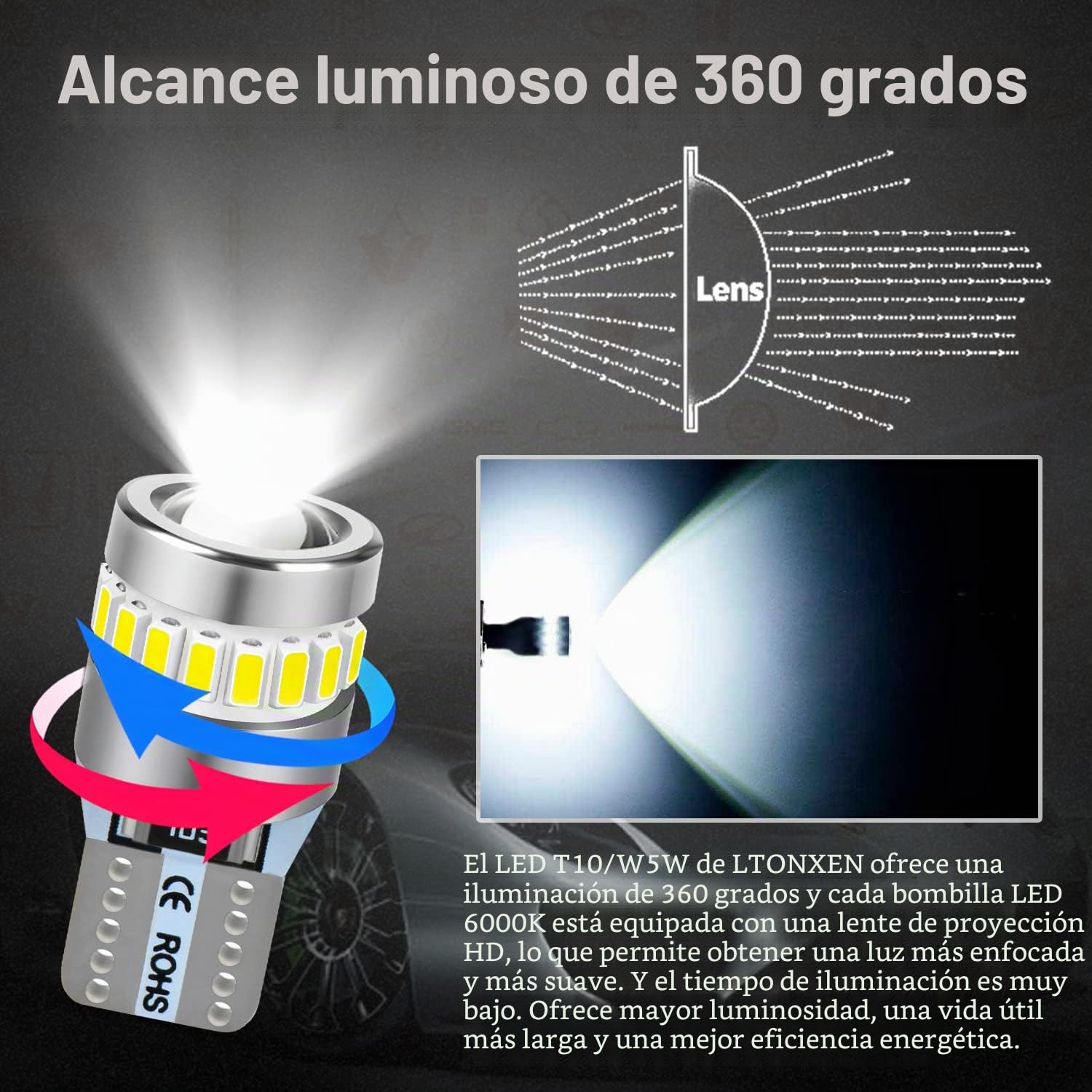 LTONXEN T10 W5W LED Bombillas, 6000K Blanca Luz, 12V 500Lm Coche Lampara | Interior Domo, Mapa de cortesía, Puerta Luces de matrícula et Posición Luces. (4 Pcs)