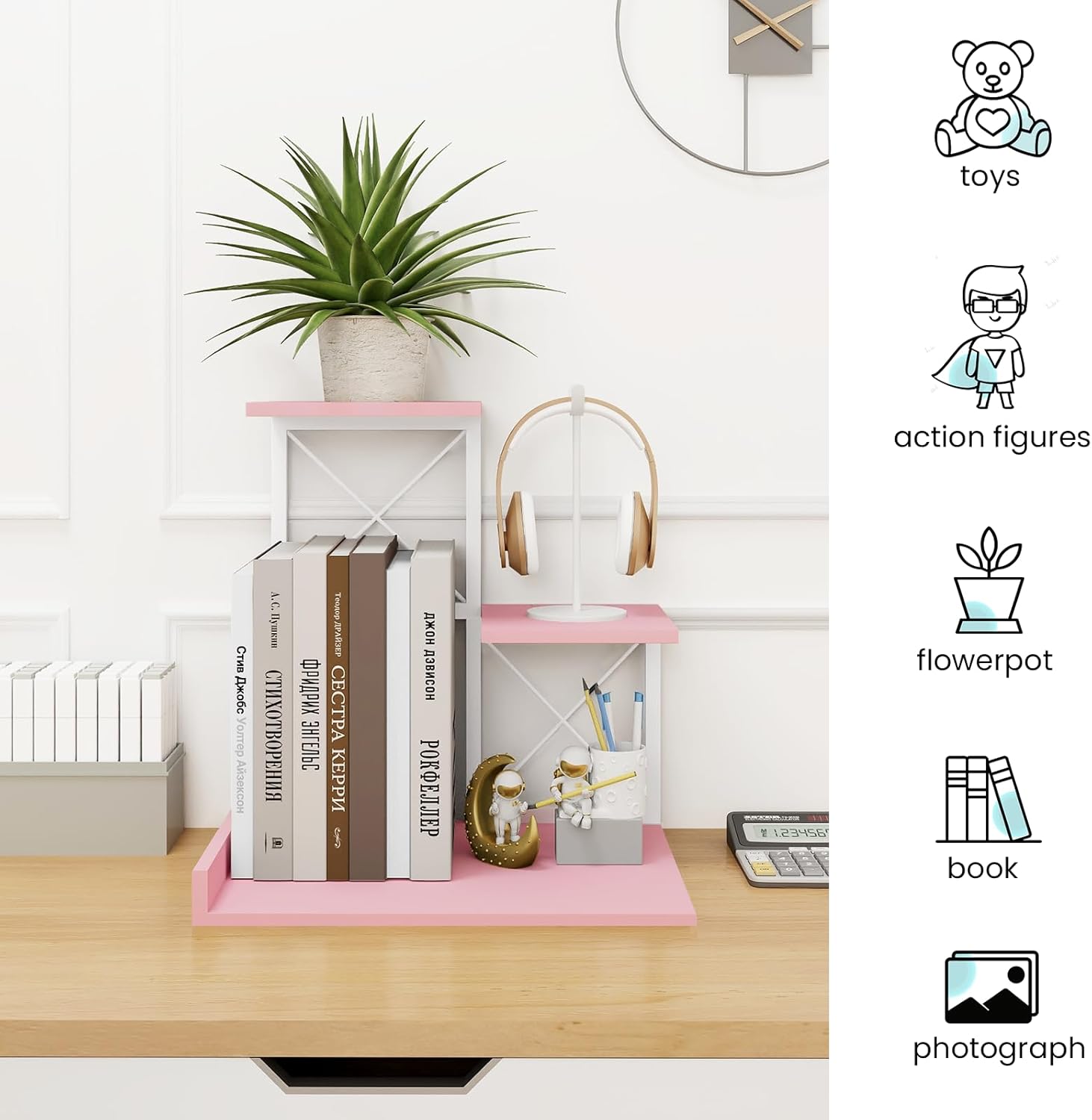 ELITEROO Wood Desktop Shelf, 3 Tier Desk Shelves + 2 Tier Stackable Desk Stand Set, Freestanding Small Bookshelf Organizer, Adjustable Independent Storage Organizers for Dorm Office Home, Pink