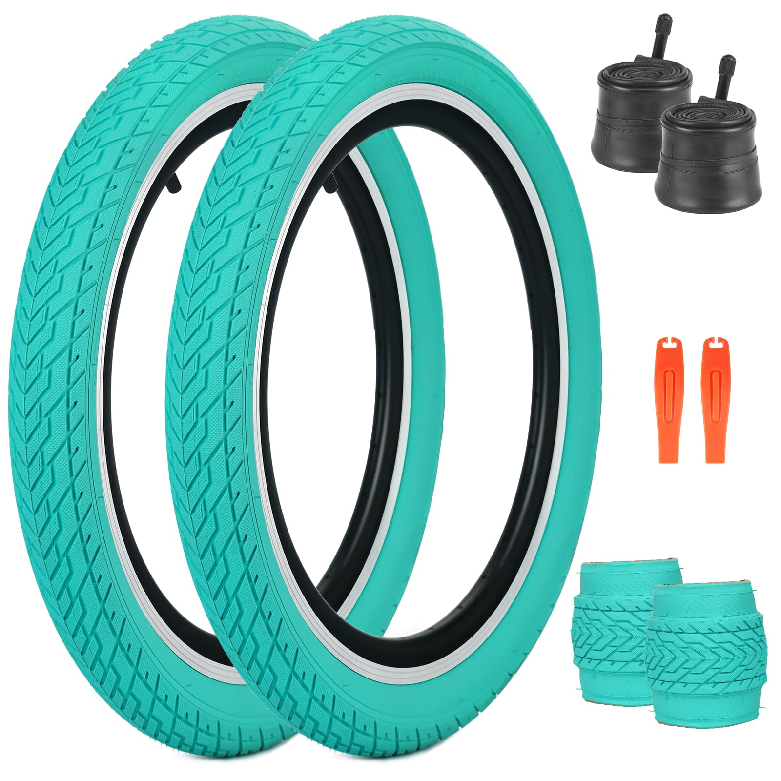 FOMAS 20 x 2.35 inch Kids Bike Tire Colorful Anti - Slip Foldable Replacement All Terrain with Levers for BMX Mountain Folding Bicycle (Teal - 2 Pack with Inner Tube, 20 x 2.35 inch)