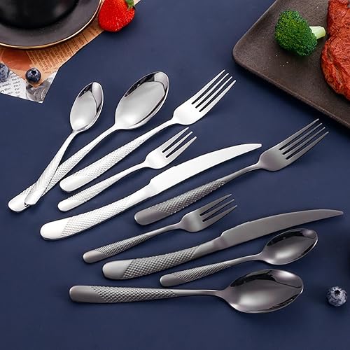 Miniatura 7 de Juego de cubiertos martillados negros para 6 cubiertos de acero inoxidable a prueba de óxido, 18 piezas, tenedores y cucharas, utensilios de cocina