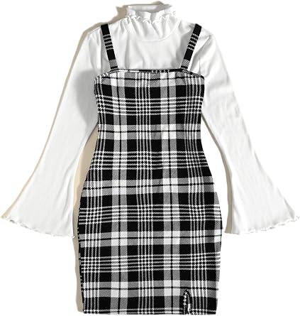 Amazon.com: SheIn Conjunto de 2 piezas para mujer con cuello alto y  volantes y vestido ajustado a cuadros : Ropa, Zapatos y Joyería