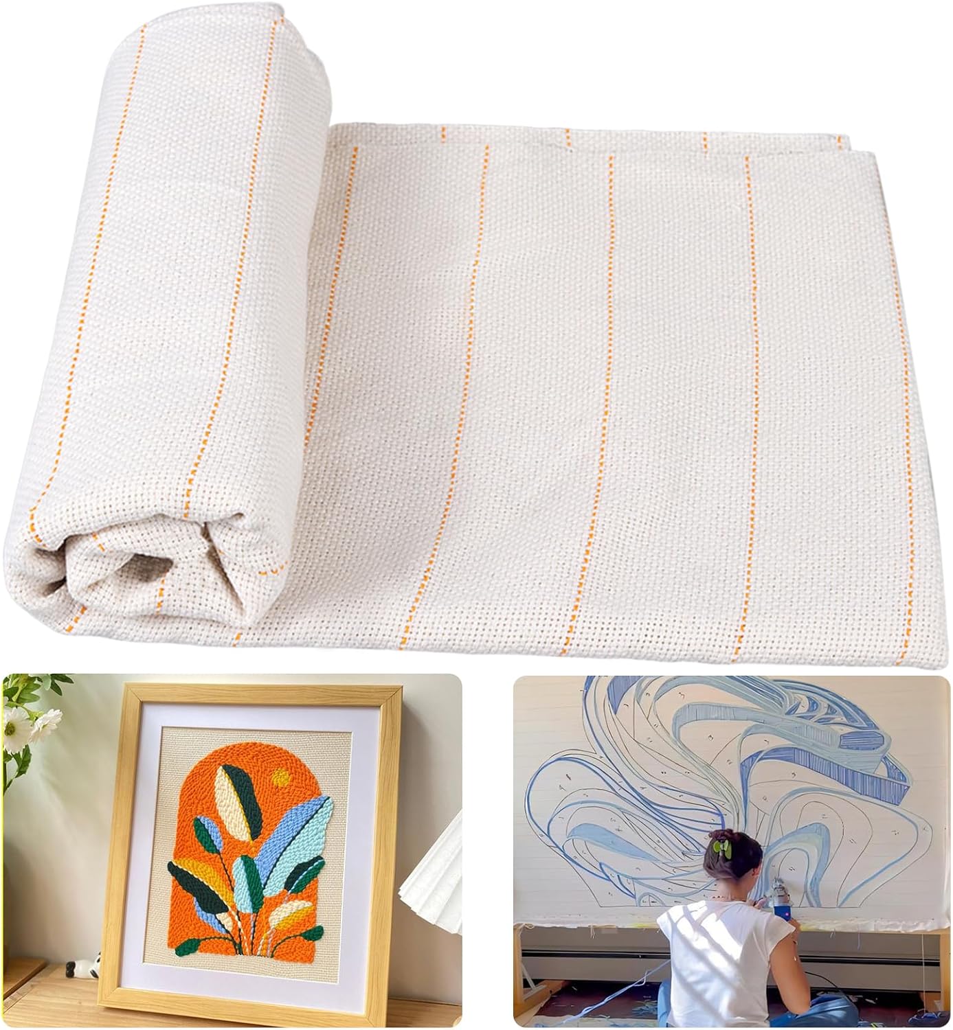 120" x 40" Large Monks Cloth for Punch Needle Rug Tufting Fabric with Marked Lines, Punch Needle Fabric for Gun Rug Tufting and Embroidery,White Punch Needle & Tufting Cloth