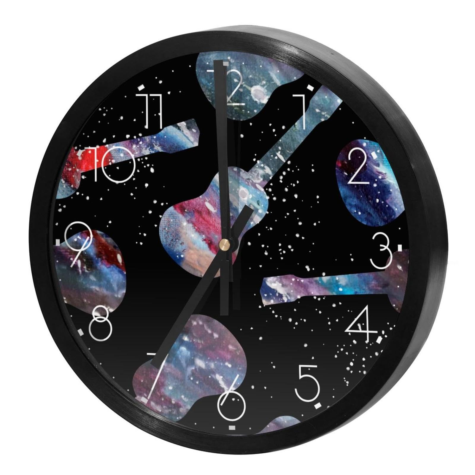 Horloge murale à quartz sans tic-tac à piles ronde guitare galaxie espace