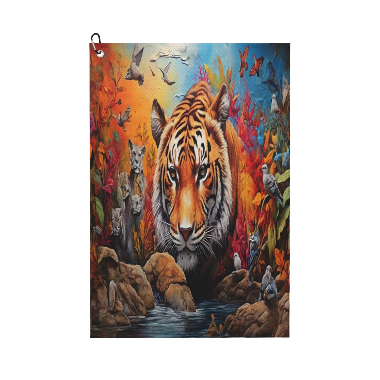 AOOEDM Colorful Plant Tiger Print Golf Towel with Carabiner Clip Absorbent Microfiber Golf Towel for Cleaning Golf Ball Club Putter Iron for Golf Bag Trolly Belt Loop 16" X 24"