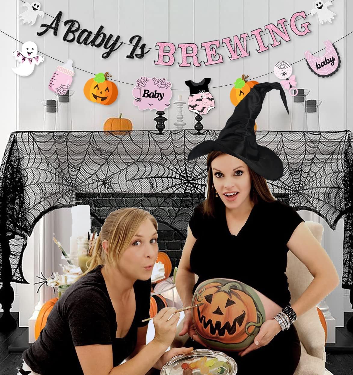 Halloween Baby Shower Decorations for Girl A Baby Is Brewing Banner Glitter Black Pink Halloween Garland Baby Shower Pregnancy Announcement Gender Reveal Party Supplies