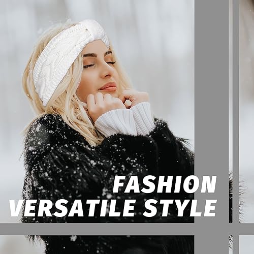 Miniatura 5 de Whaline Paquete de 4 diademas de punto trenzado, para invierno, anudadas, con forro mullido, turbante grueso de ganchillo, calentador de orejas