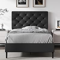 Vista 1 de Marco de cama individual con cabecero, marco de cama de plataforma tapizado en cuero sintético, marco de cama negro tamaño individual, soporte