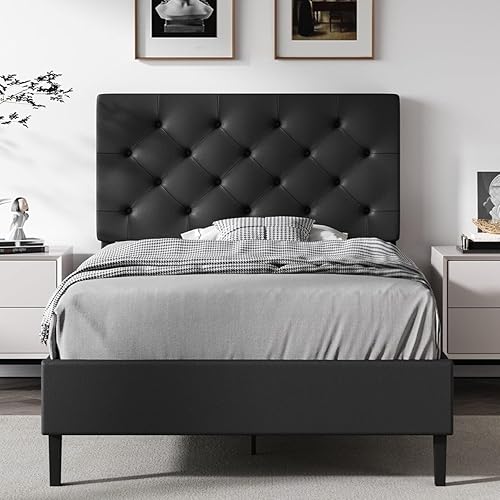 Marco de cama individual con cabecero, marco de cama de plataforma tapizado en cuero sintético, marco de cama negro tamaño individual, soporte de