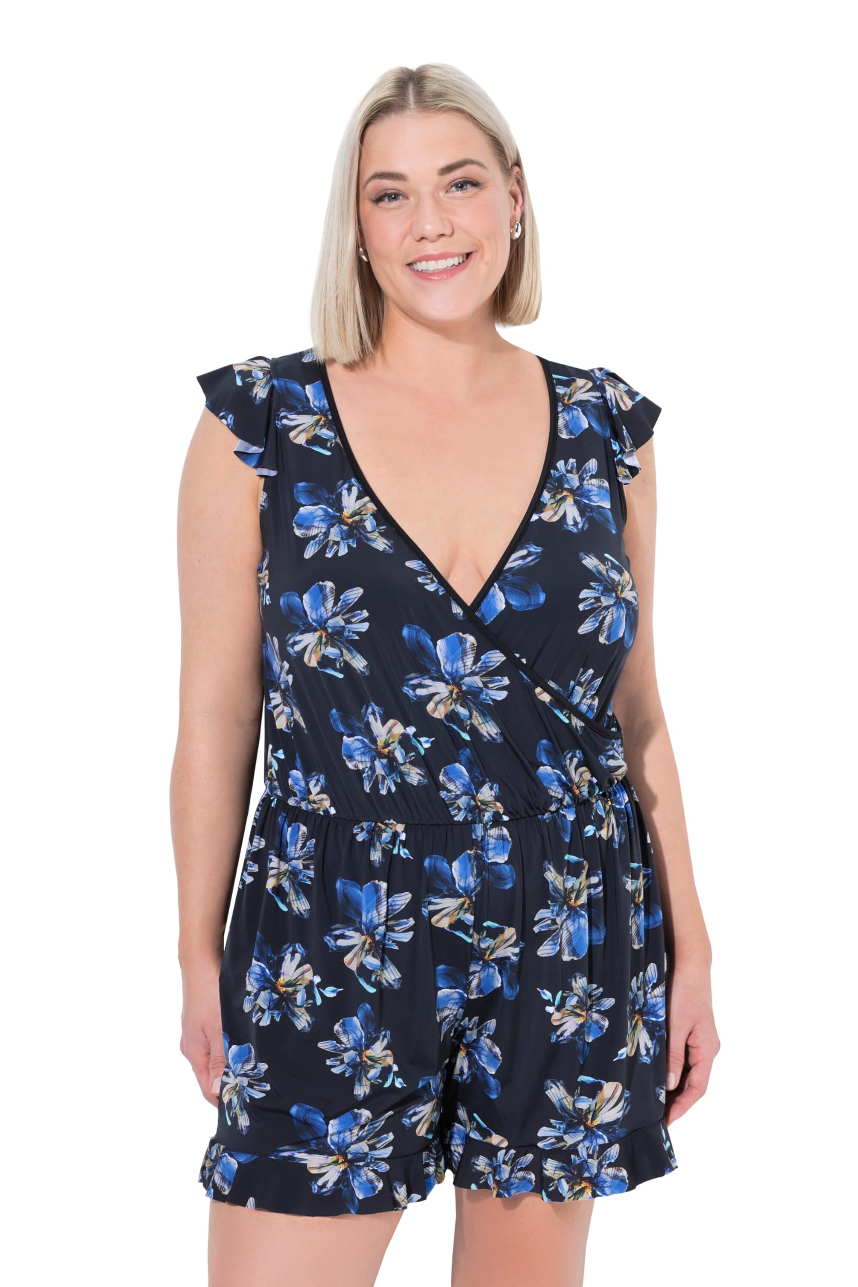 Ulla Popken Damen große Größen Übergrößen Plus Size Badekleid, Shorts, Blüten, Softcups, recycelt 836948