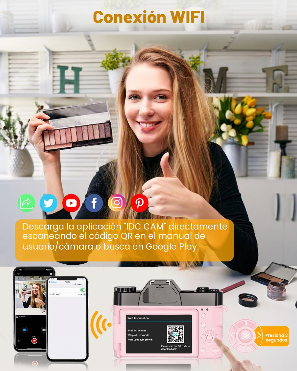 Cámara digital VJIANGER mejorada 2024 para fotografía 4K 56MP cámara de vlogging para YouTube con WiFi, pantalla abatible de 180 grados, zoom digital 16X, lente de 52 mm, 2 baterías, tarjeta TF de 32