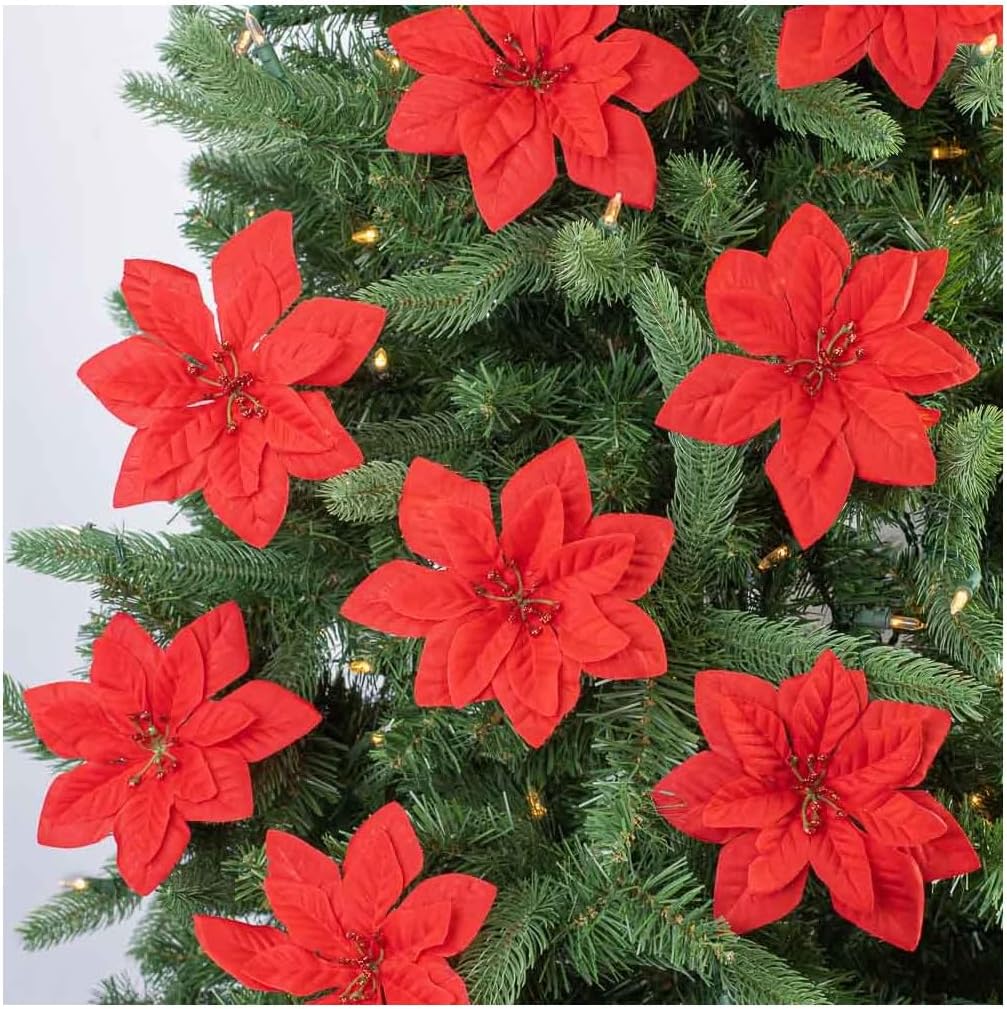 Artificial Red Poinsettia Floral Picks Pack of 18 - Red Christmas Flowers for Christmas Tree Decorations and Holiday Craft Decorating (6 Inches Dia)