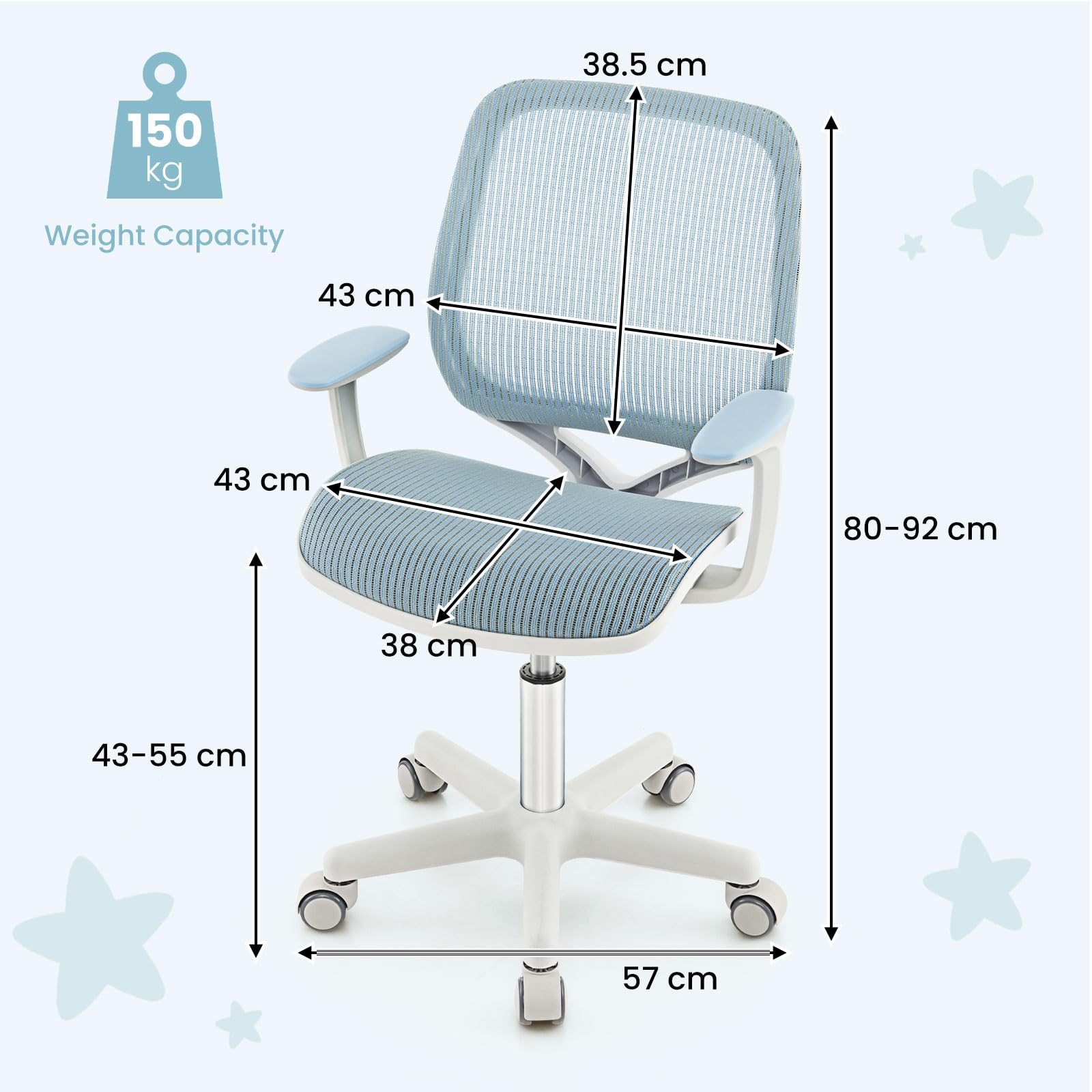 FANTASK Silla de escritorio para niños, ergonómica con respaldos y reposabrazos, altura del asiento: 43 – 55 cm, altura regulable, silla de oficina con ruedas, silla giratoria para niños a partir de 6