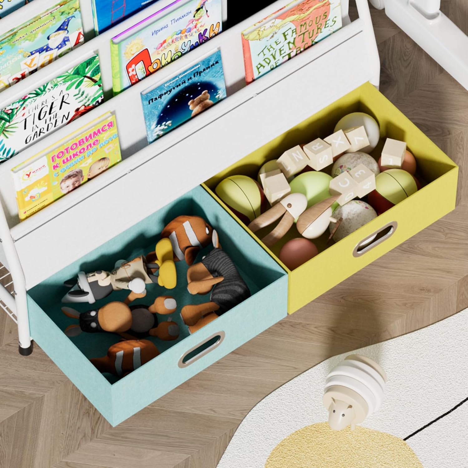 Bextsrack Kids Bookshelf - 4-Tier Sling Bookcase for Kids Room, Metal Nursery Book Shelf, Small Book Shelf and Toy Storage for Children, Idea Gift for Boys and Girls