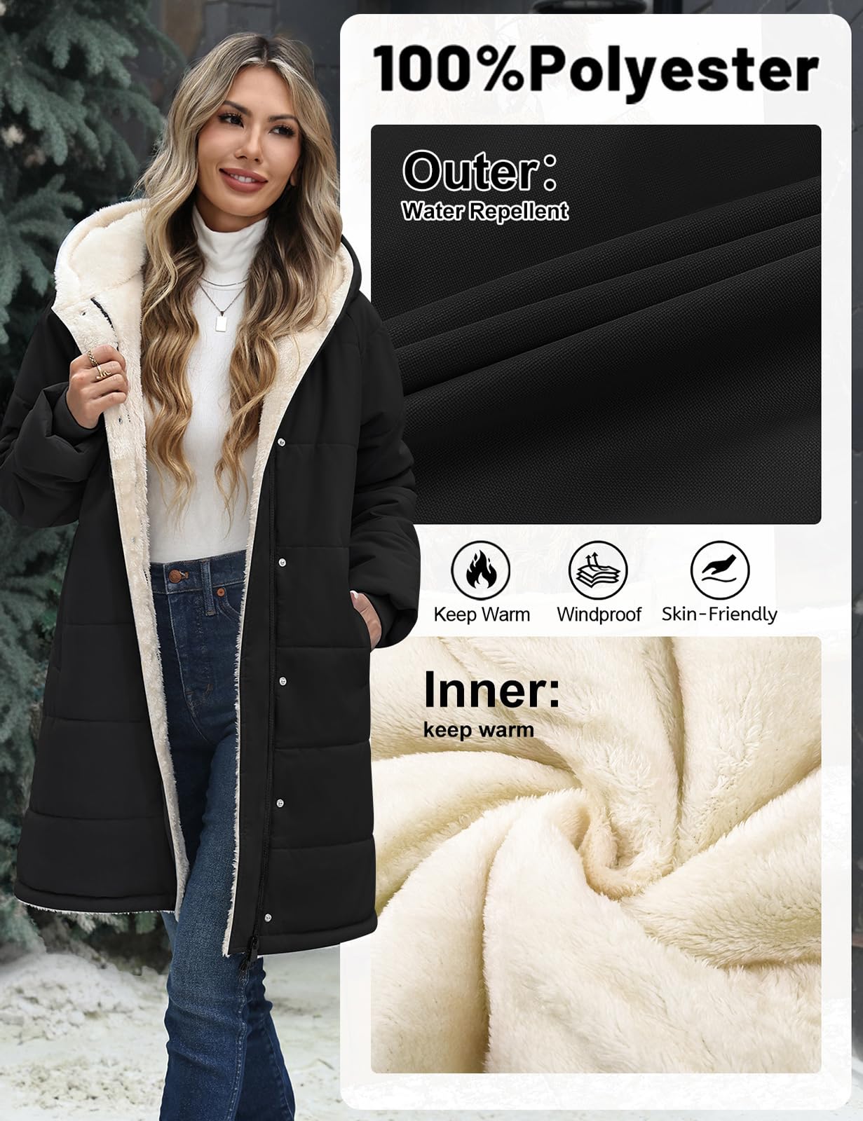 Vancavoo Manteau d’Hiver Femme Mi-Long Matelassé à Capuche Décontracté | Déperlant Parka avec Doublure Polaire Chaude, Capuche Fixe, Zip et Boutons-Pression, 2 Poches Latérales