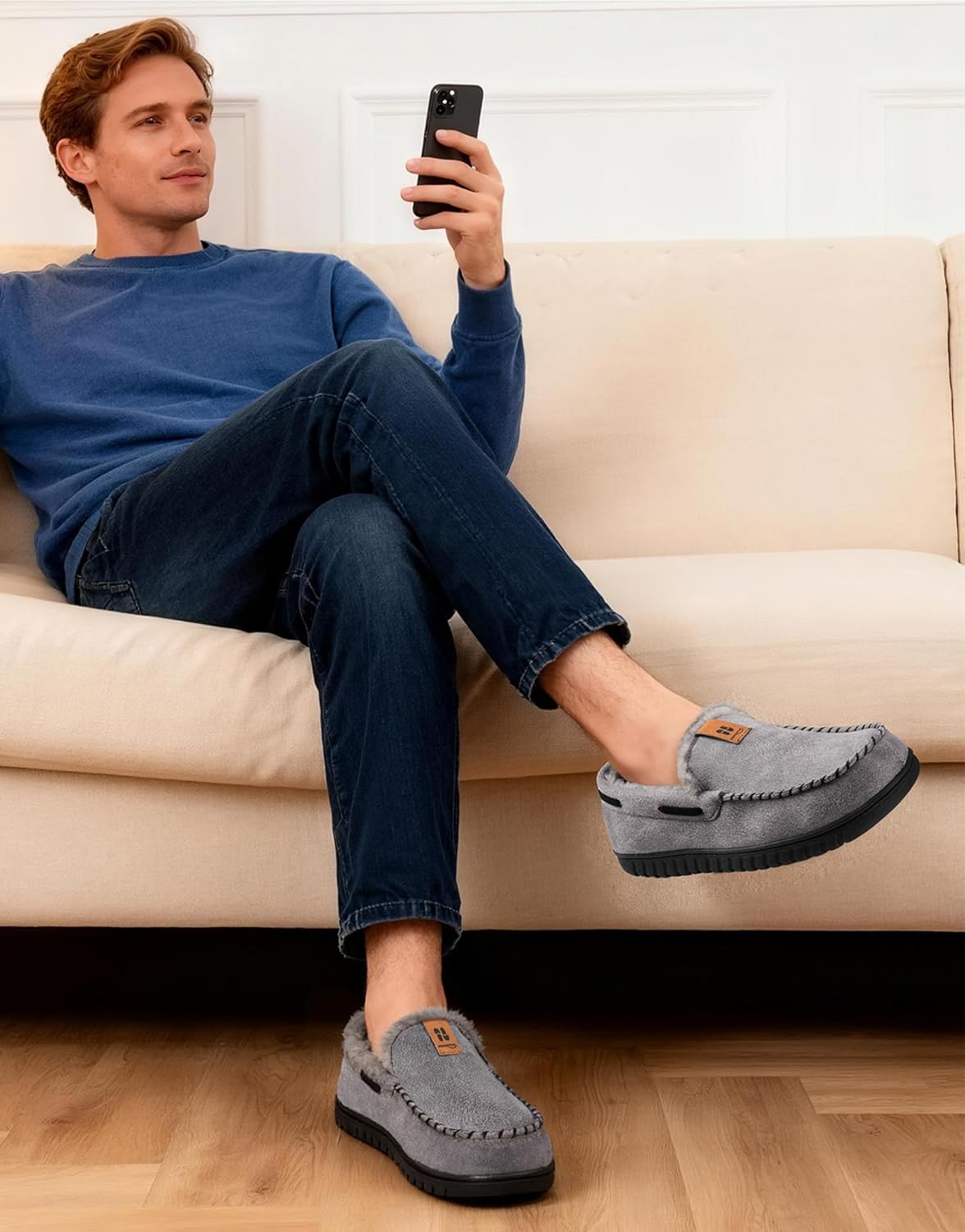 HomeTop Men's Suede Memory Foam Moccasin Slippers Soft Plush Warm Lining House Shoes - Image 2