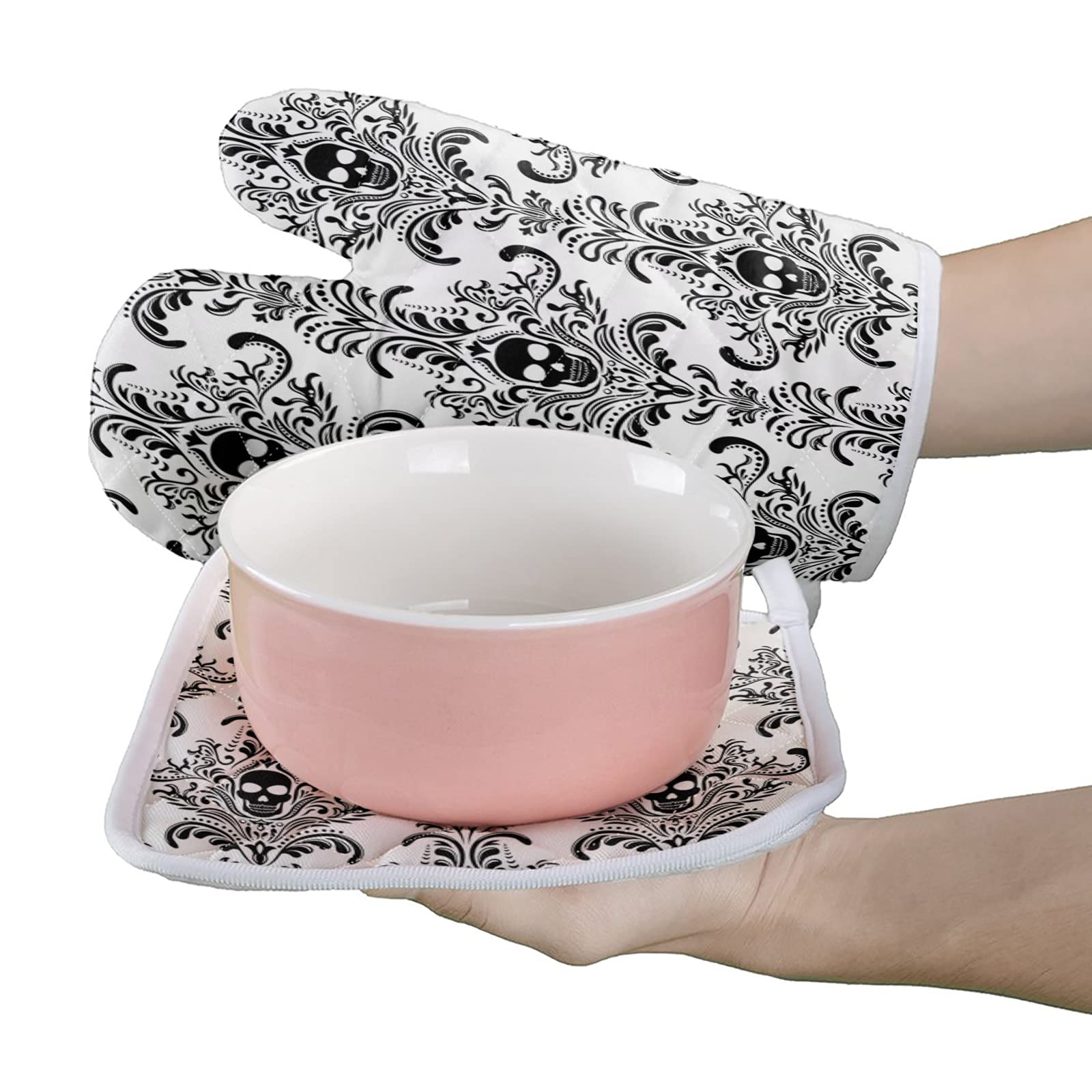 Lot de 2 gants de cuisine et maniques avec doublure en coton doux, motif tête de mort et fleurs d'Halloween